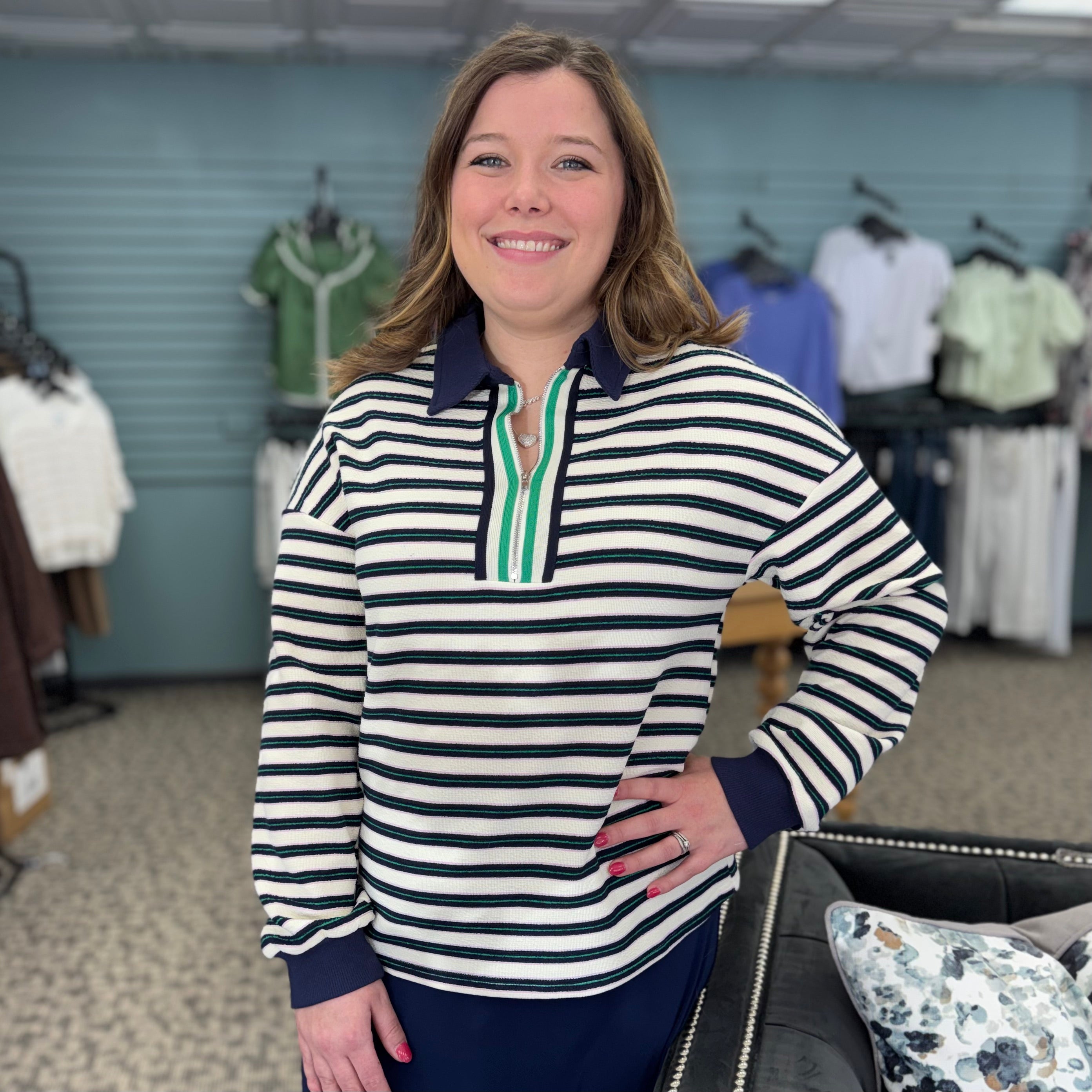 Striped Contrast Collar Zip V Neck Top