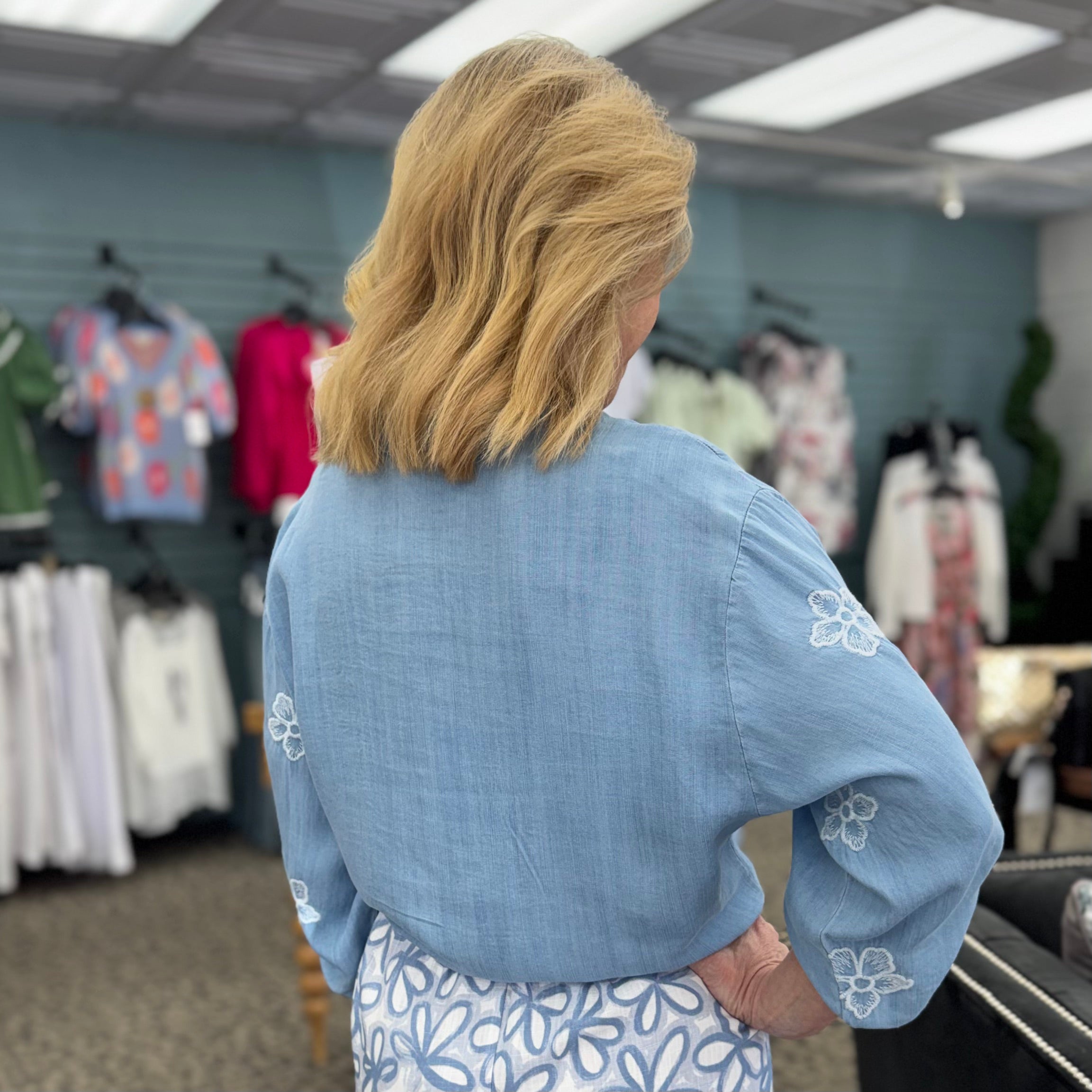 3/4 Rolled Up Sleeves Blouse With All Over Embroidery