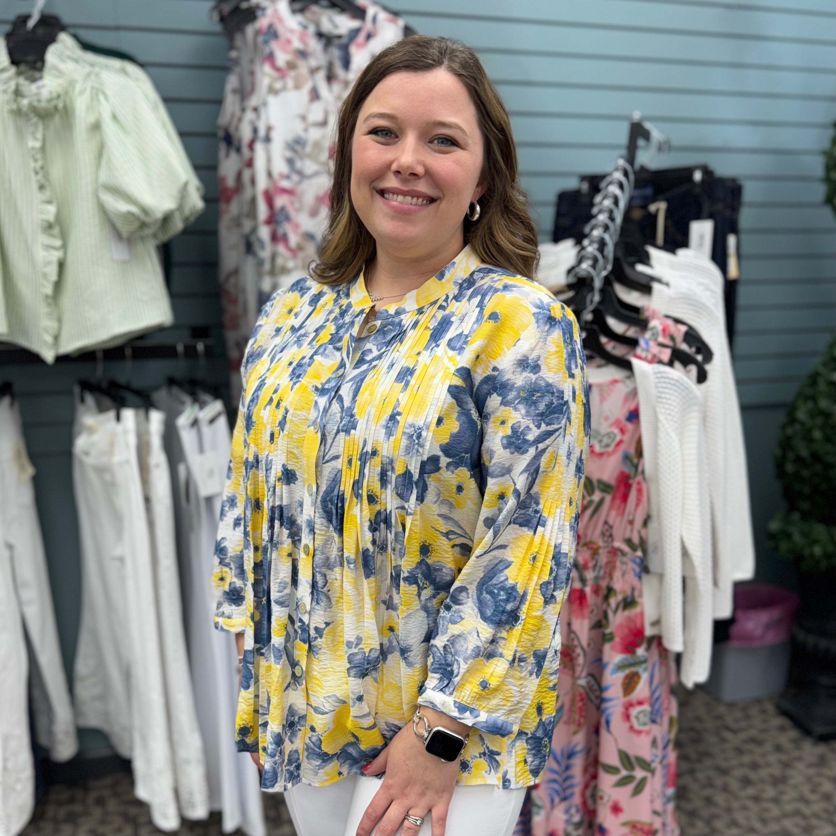 Button Cuff 3/4 Sleeve Band Collar Shirt