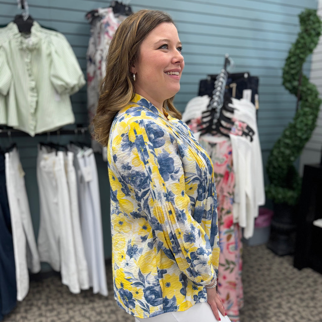 Button Cuff 3/4 Sleeve Band Collar Shirt