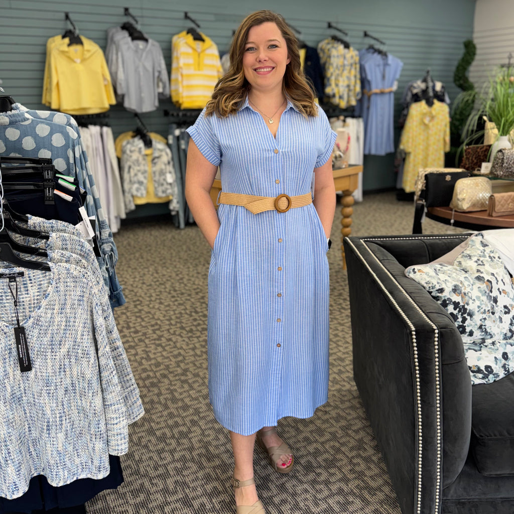 Yarn Dye Short Sleeves Buttoned Front Maxi Dress With Belt