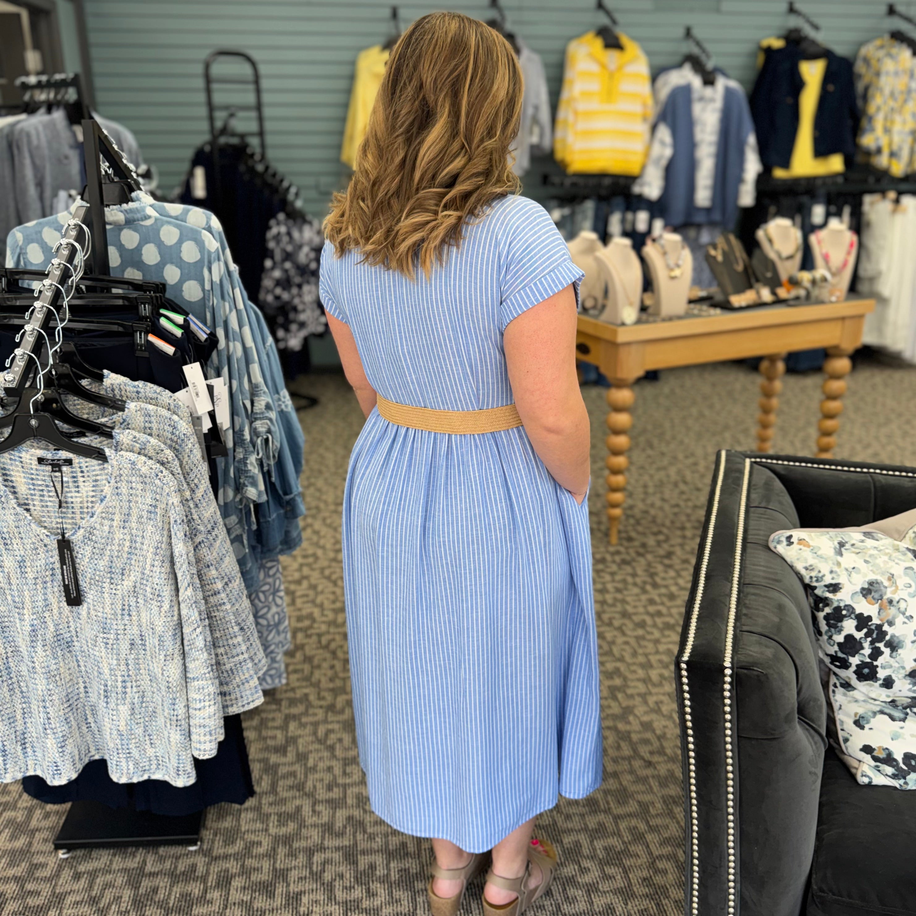 Yarn Dye Short Sleeves Buttoned Front Maxi Dress With Belt