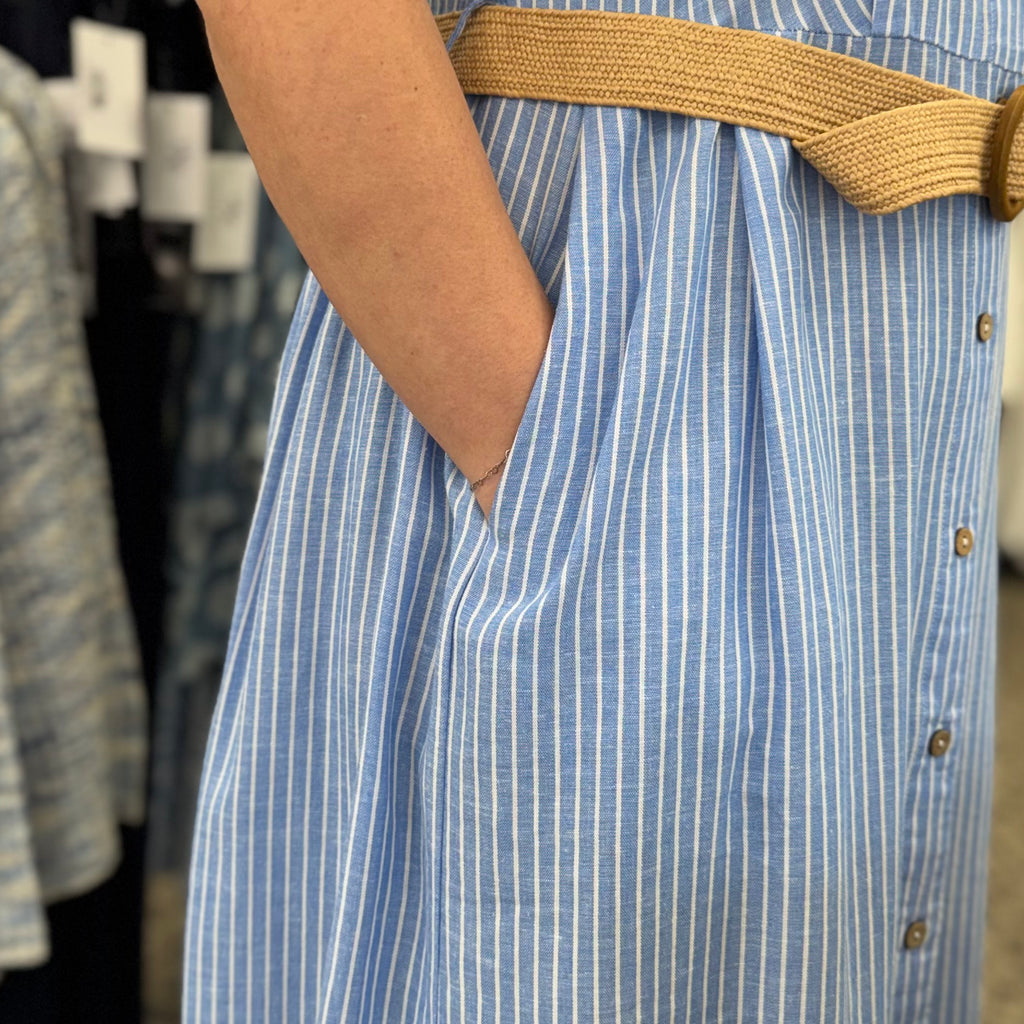 Yarn Dye Short Sleeves Buttoned Front Maxi Dress With Belt