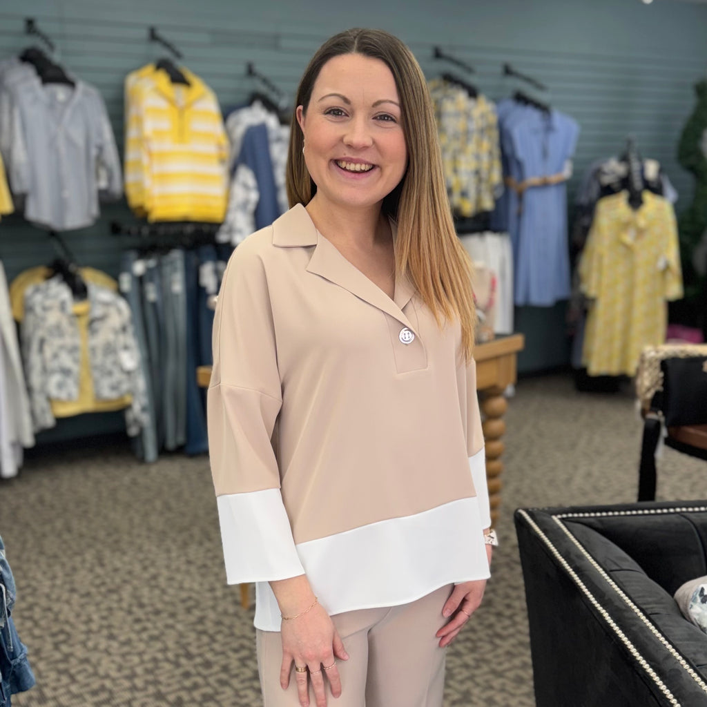 Woven Twill Color Block Boxy Top with Shirt Collar