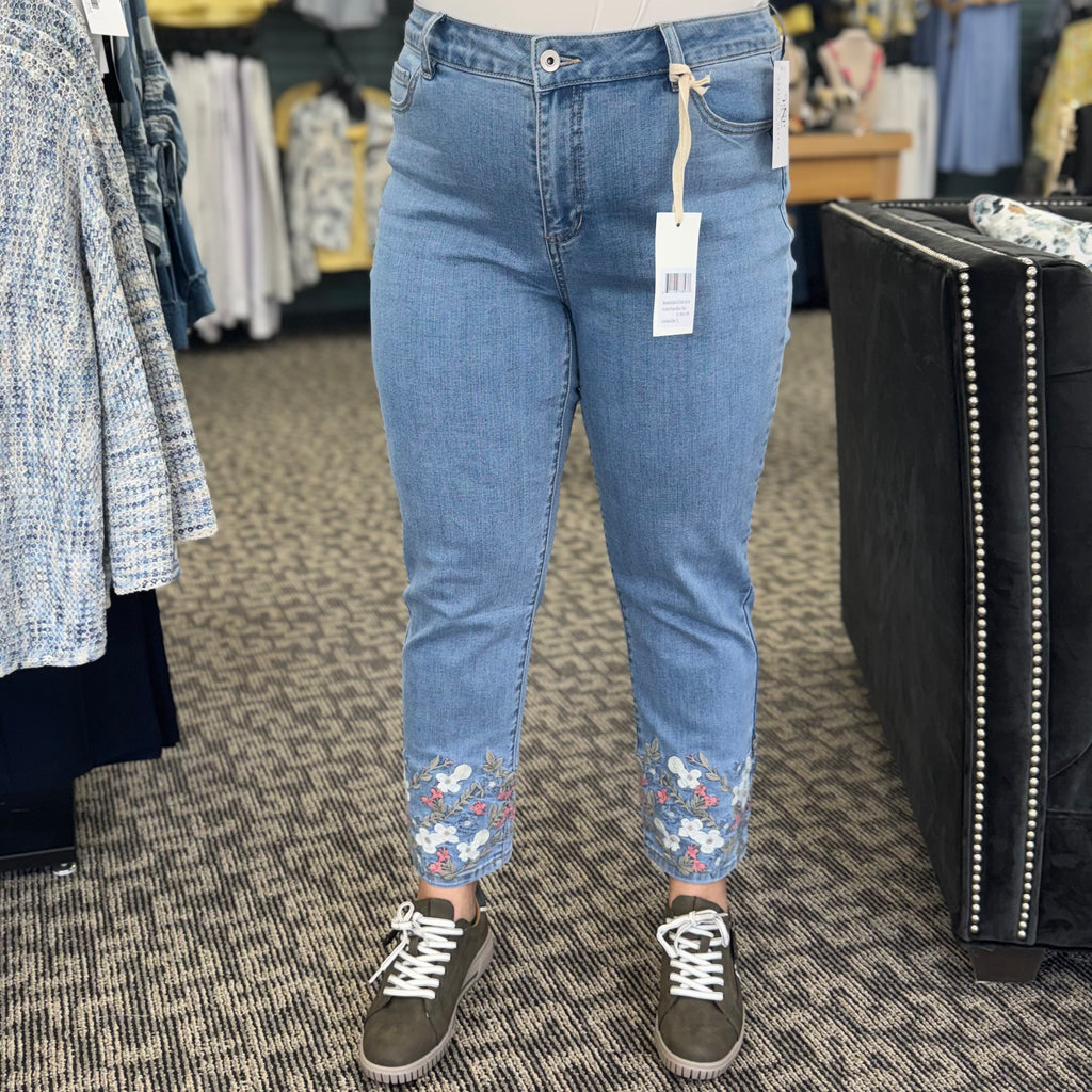 Cropped Slim Stretch Denim Pants with Embroidered Hem