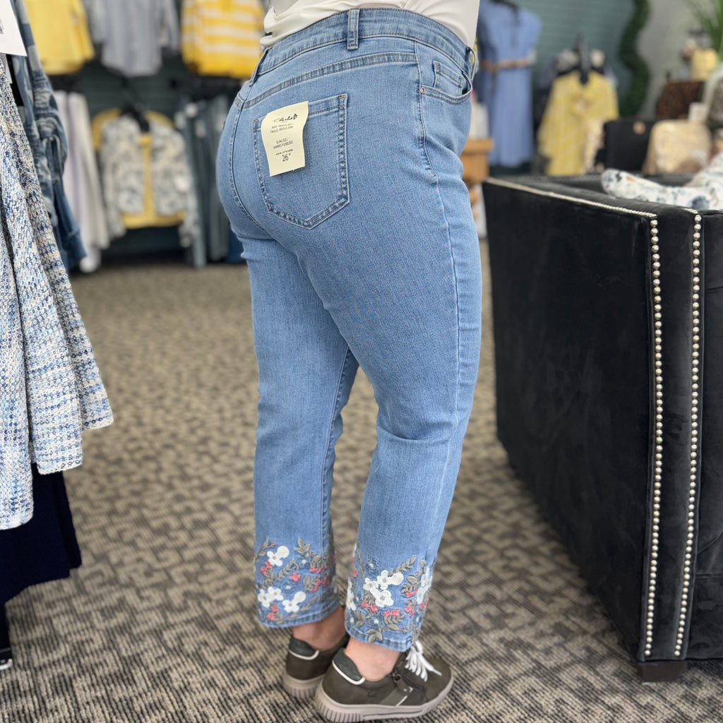 Cropped Slim Stretch Denim Pants with Embroidered Hem