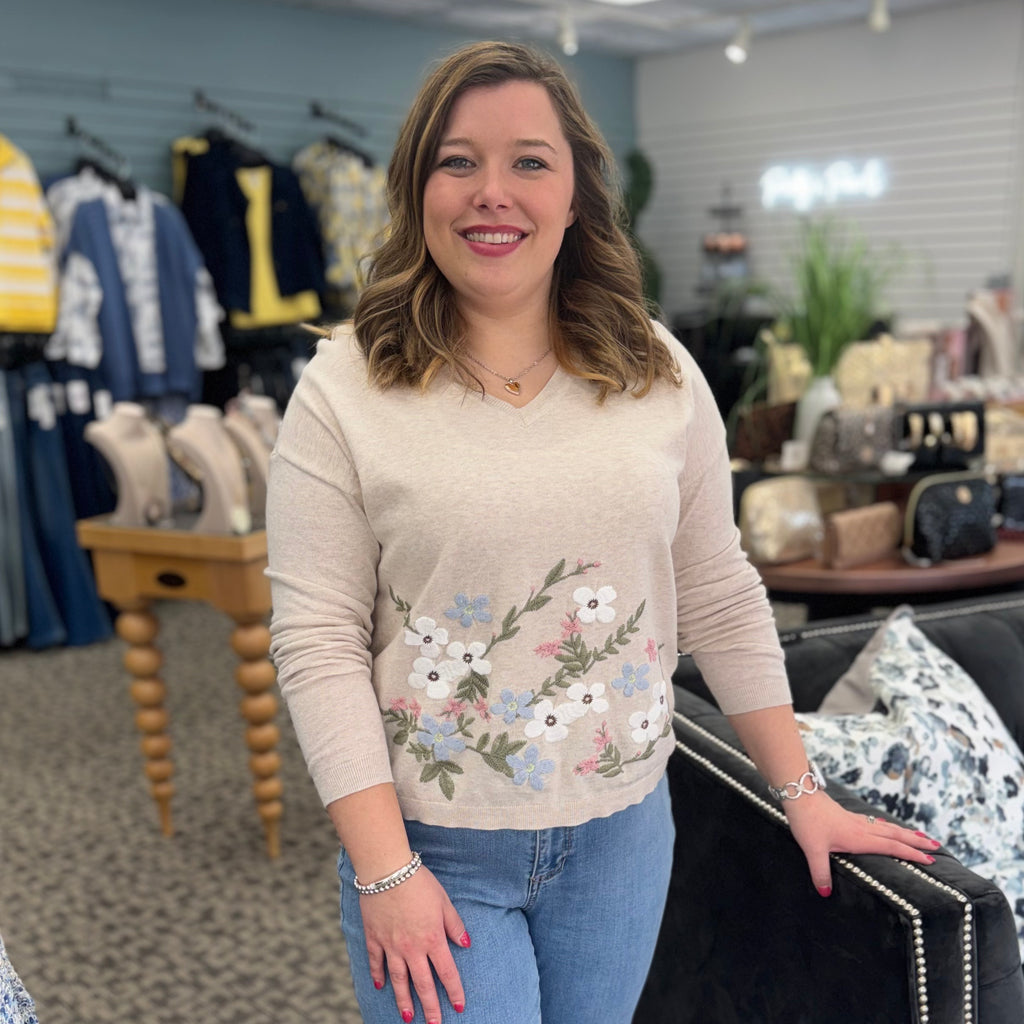 Long Sleeve V-Neck Sweater with Embroidery At Front