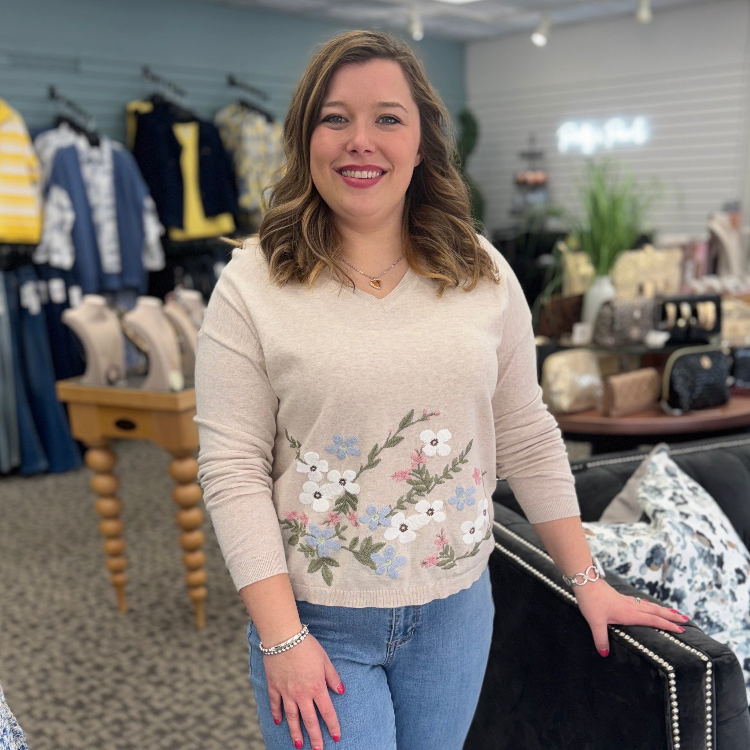 Long Sleeve V-Neck Sweater with Embroidery At Front