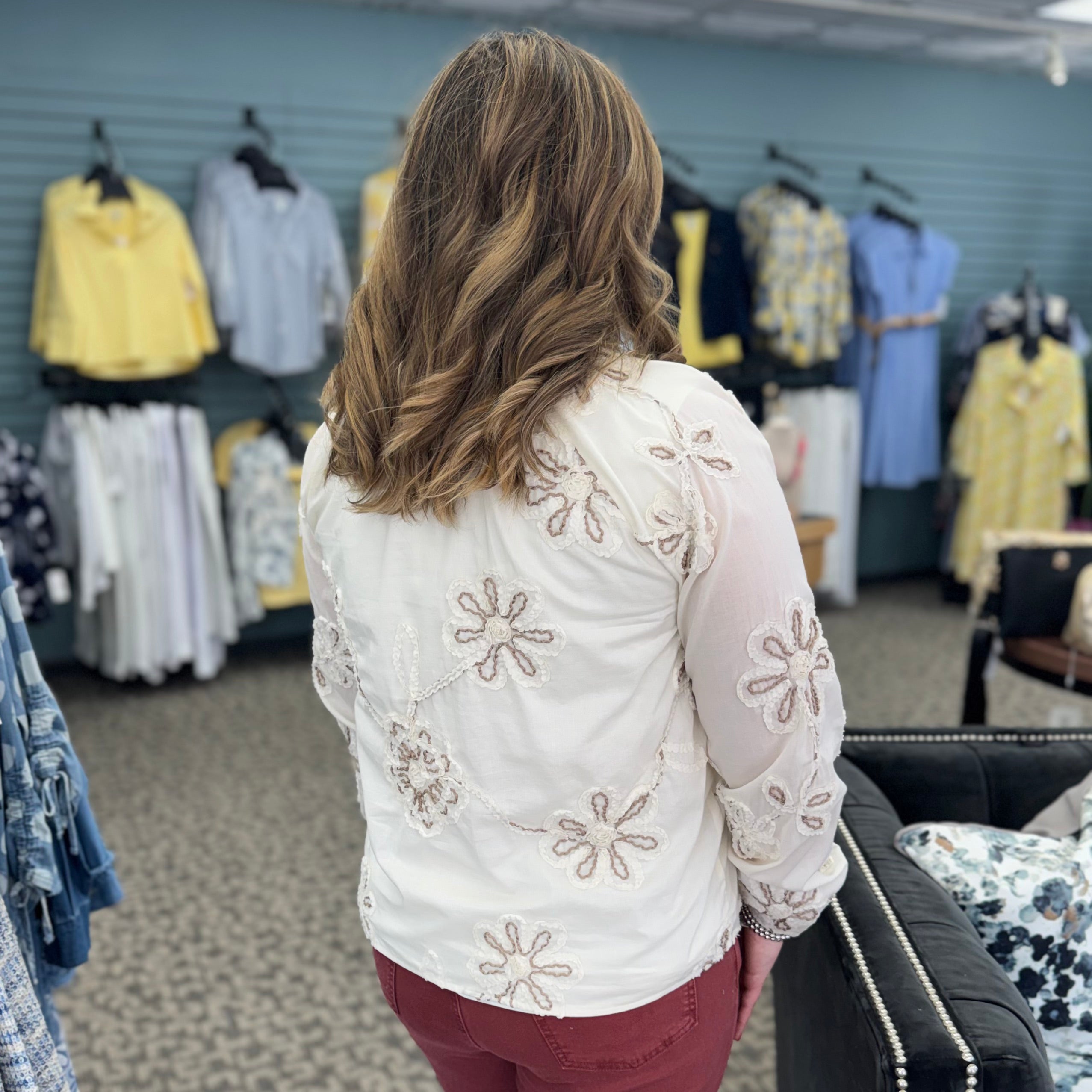 Textured Embroidered Cotton Raglan Long Sleeve Blouse