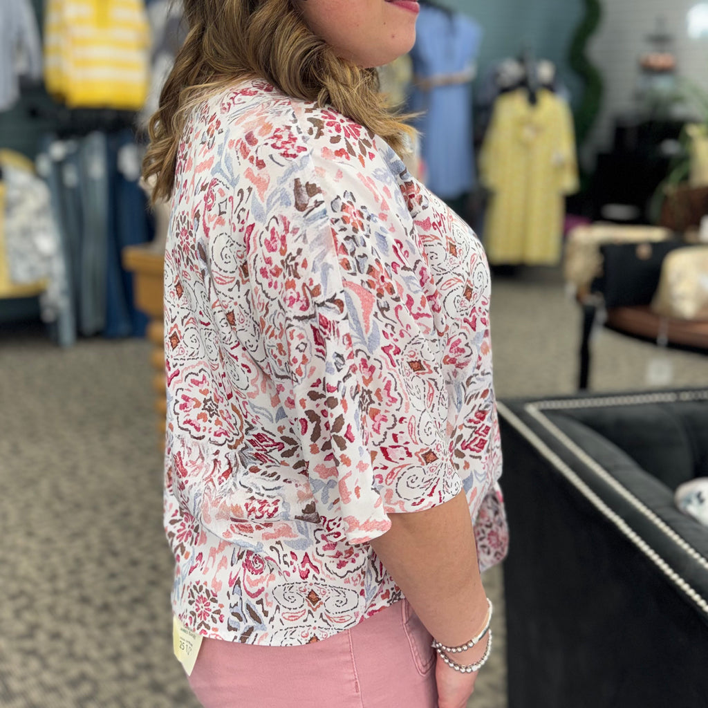 Printed Dolman Elbow Sleeve Popover Blouse with Self Ties