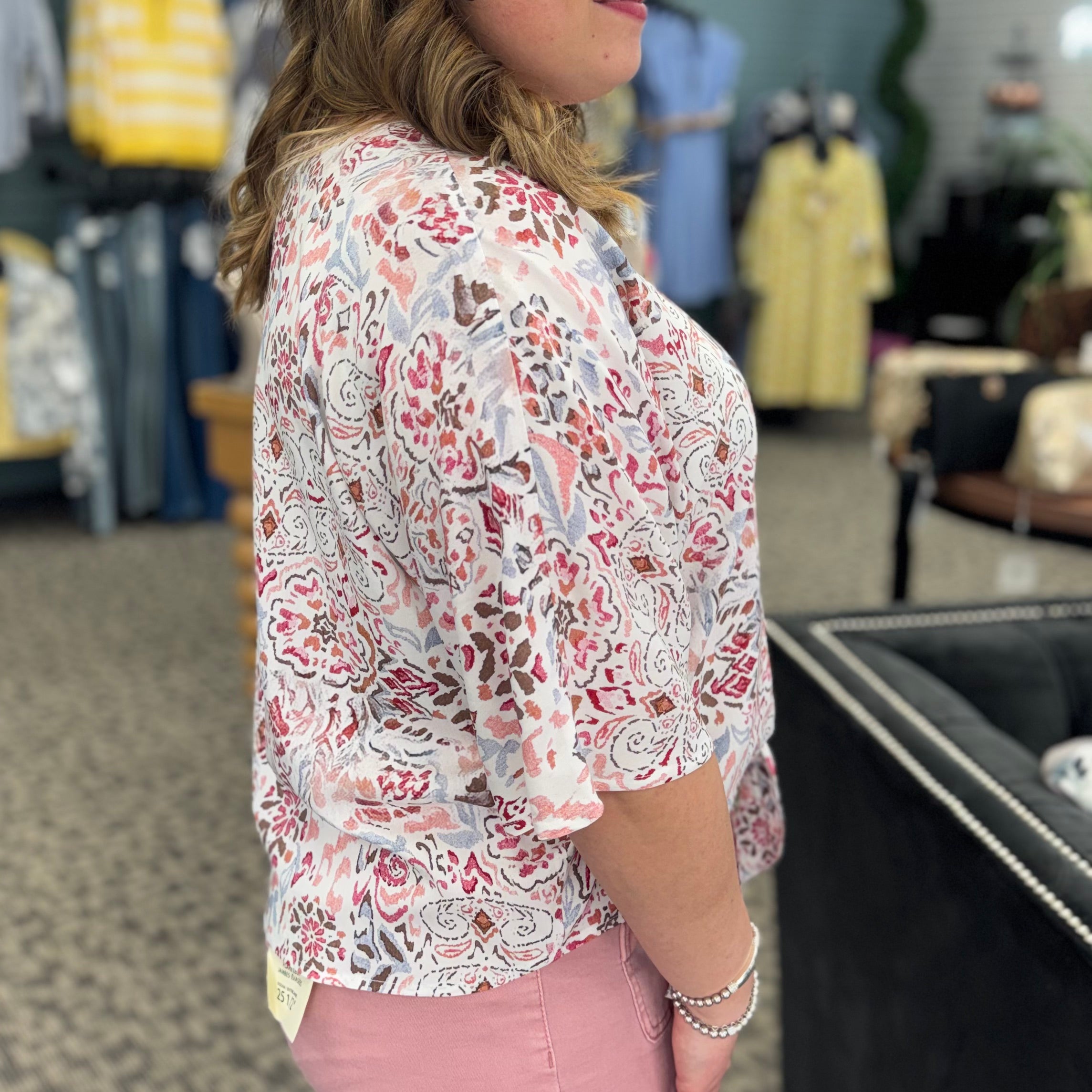 Printed Dolman Elbow Sleeve Popover Blouse with Self Ties