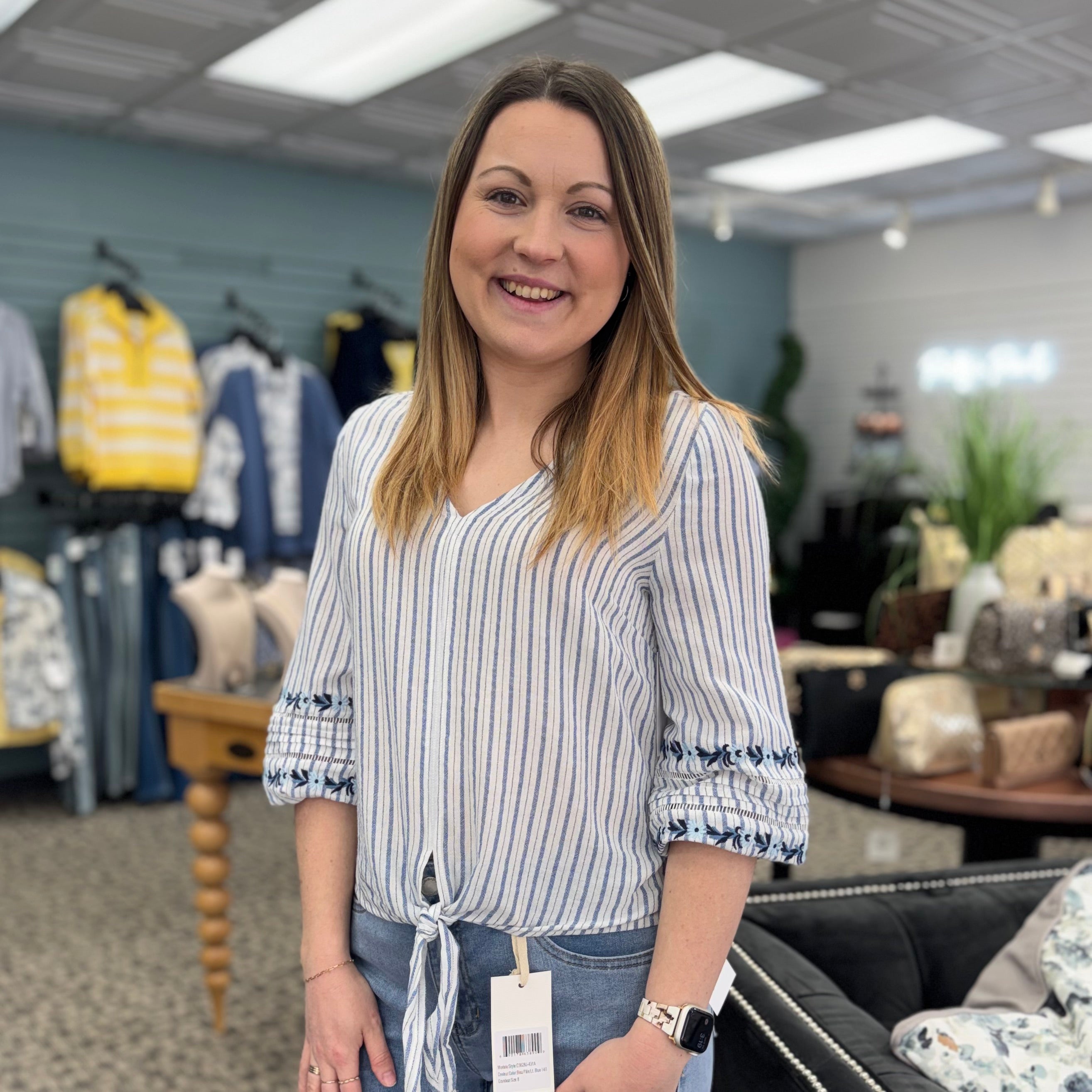 Yarn Dye Stripe V-Neck Tie Front Blouse With Embroidery