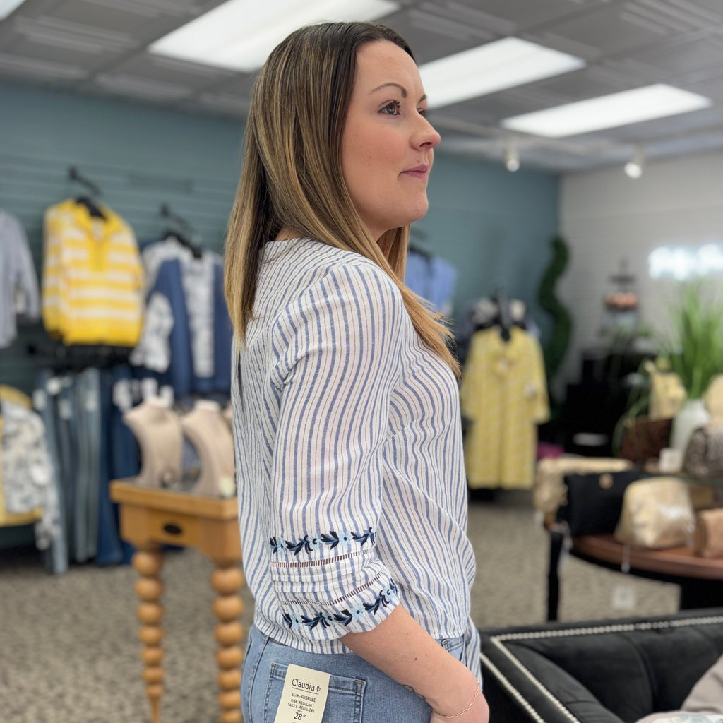 Yarn Dye Stripe V-Neck Tie Front Blouse With Embroidery