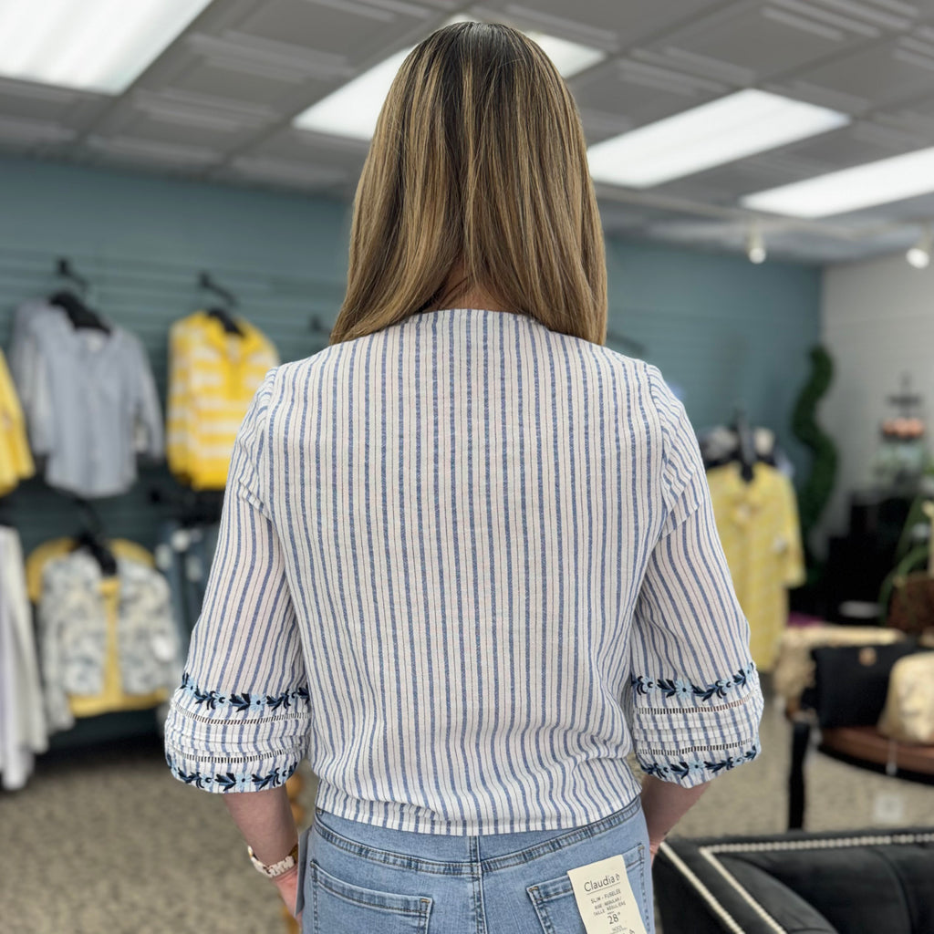 Yarn Dye Stripe V-Neck Tie Front Blouse With Embroidery