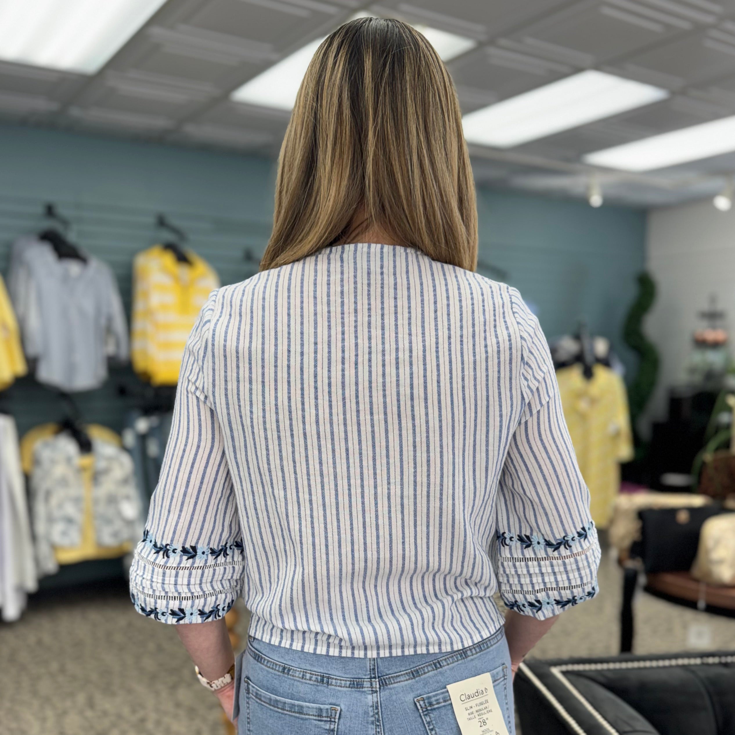 Yarn Dye Stripe V-Neck Tie Front Blouse With Embroidery