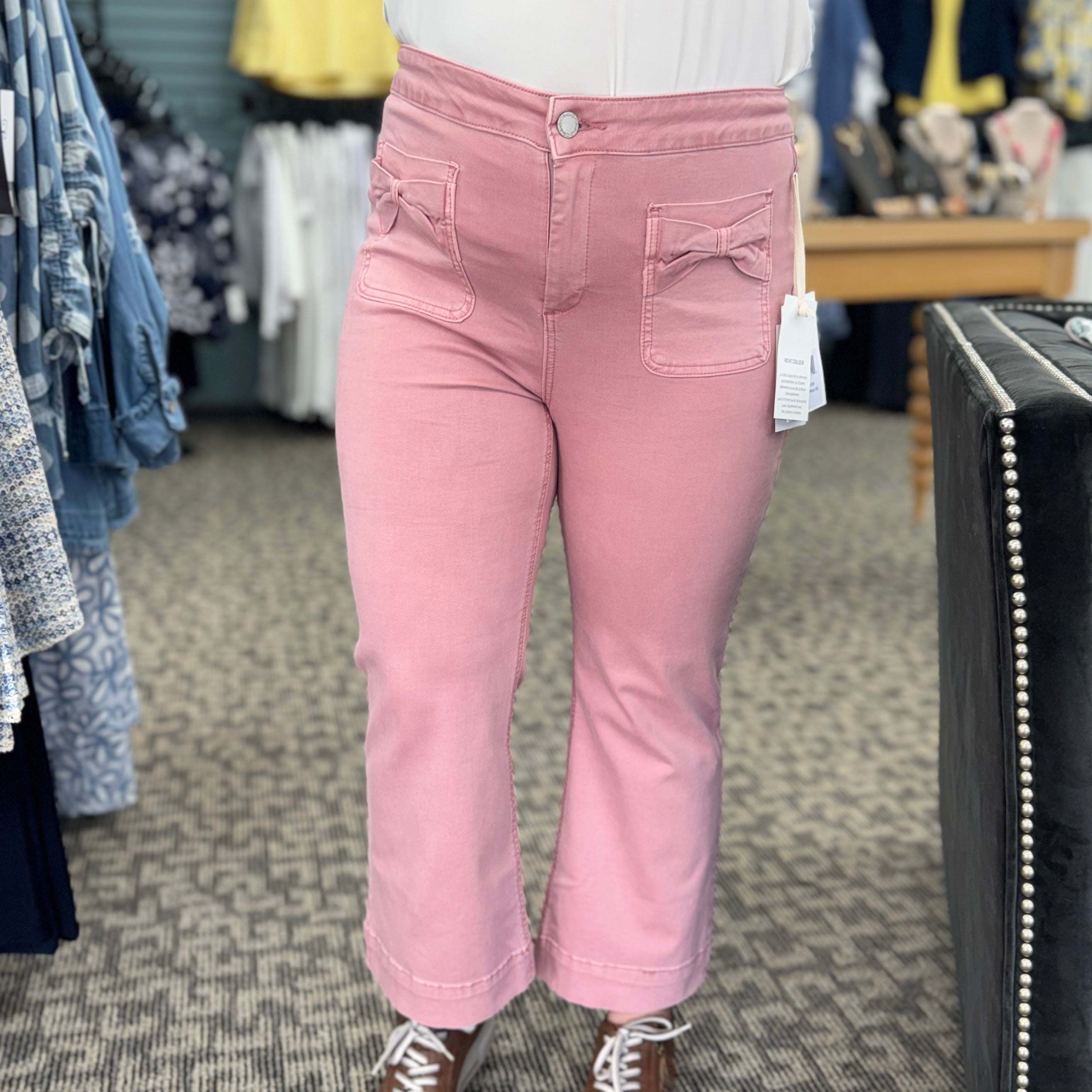 Flare Leg Colored Twill Pants With Bow Patch Pockets