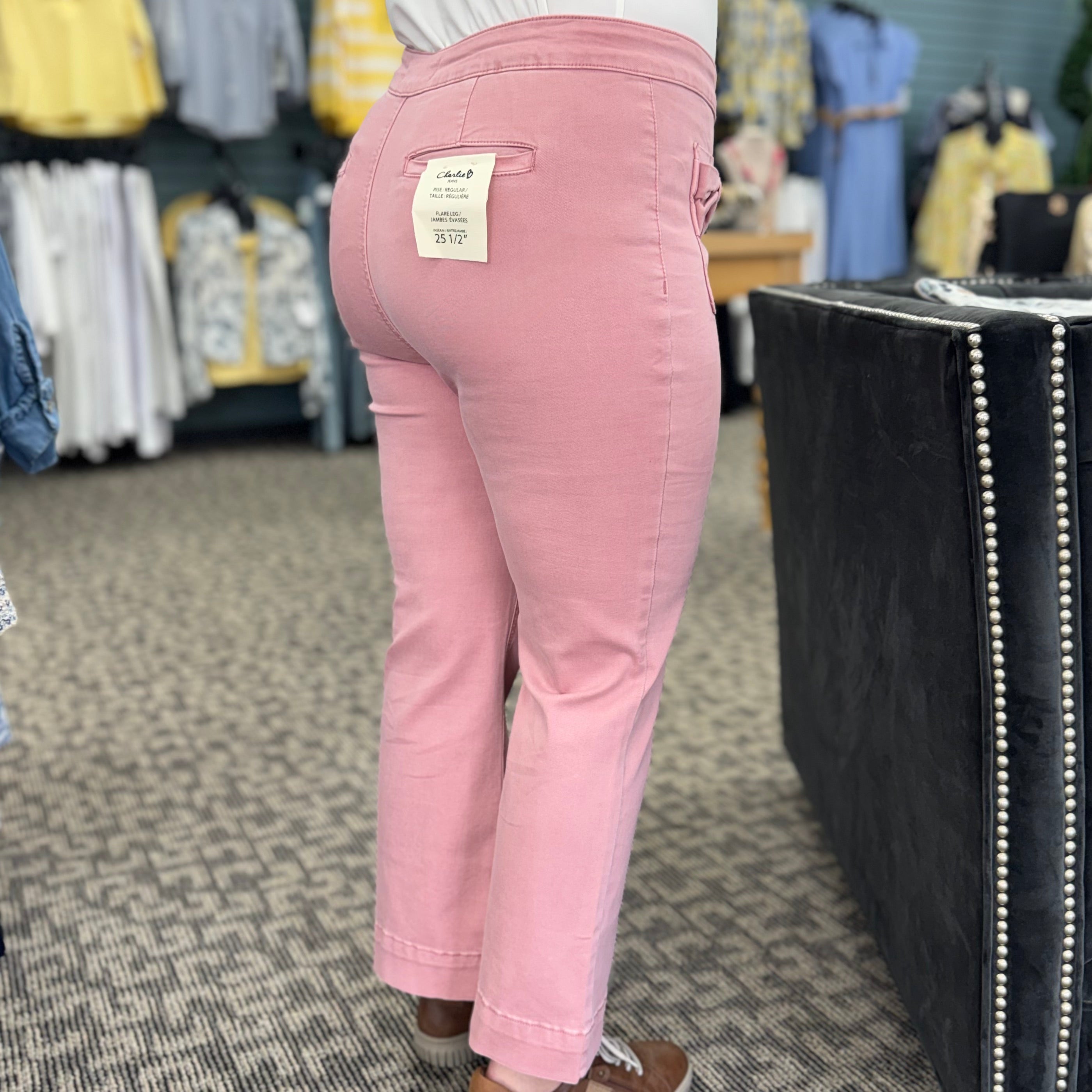 Flare Leg Colored Twill Pants With Bow Patch Pockets