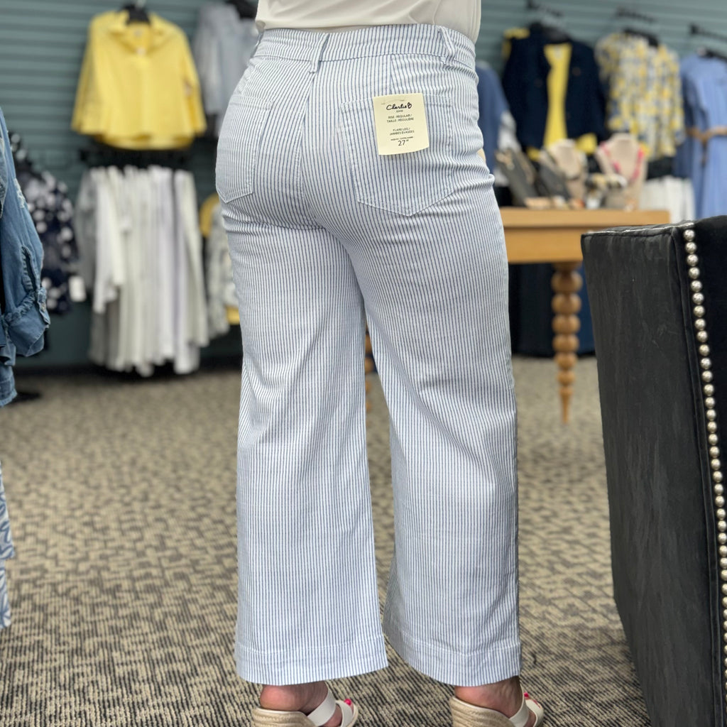 Yarn Dye Striped Twill Cropped Patch Pocket Flare Pants