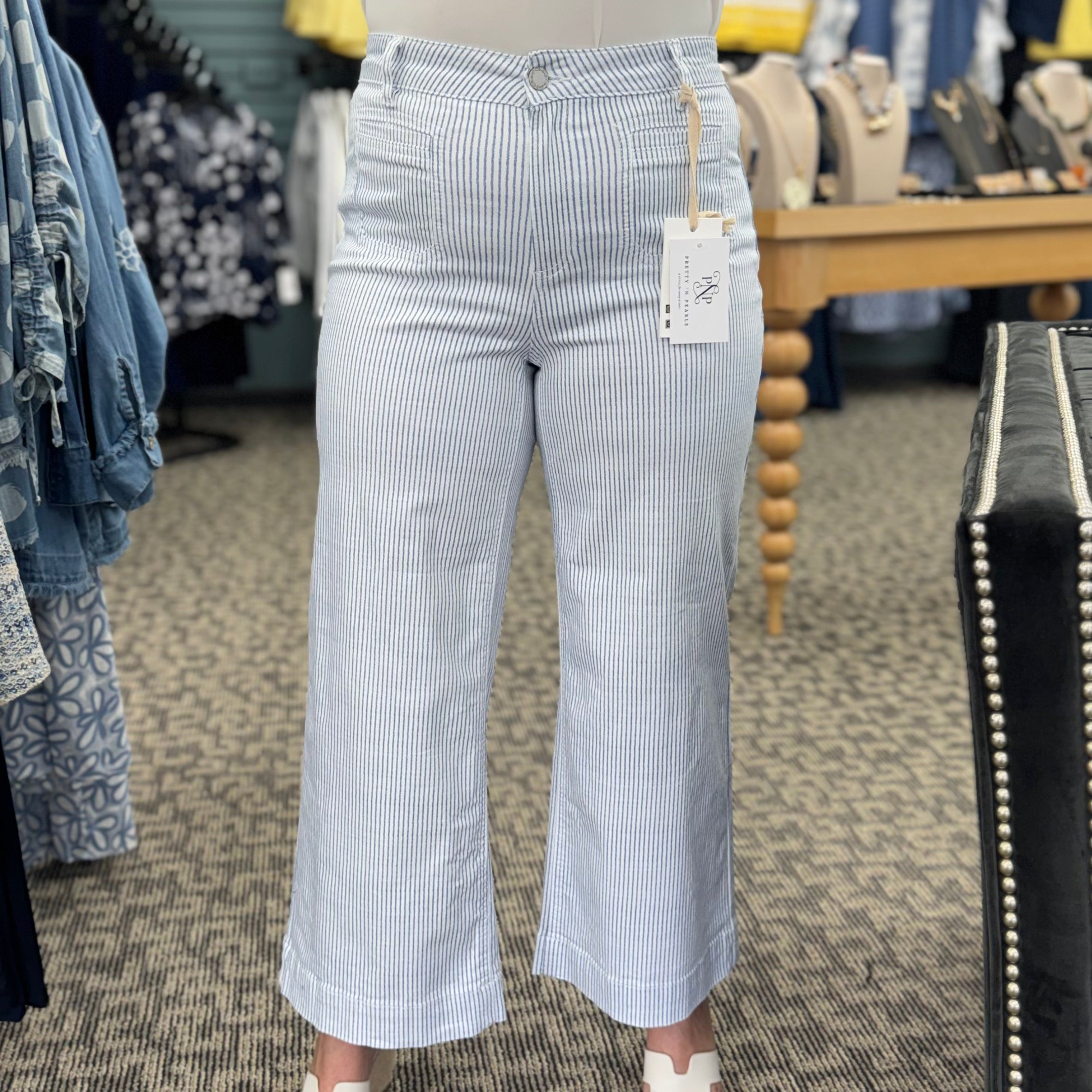 Yarn Dye Striped Twill Cropped Patch Pocket Flare Pants