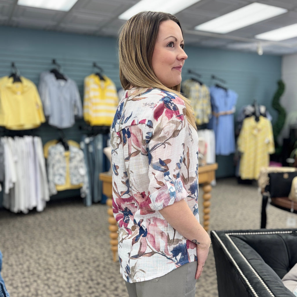 Printed Roll Up Sleeve Cotton Gauze