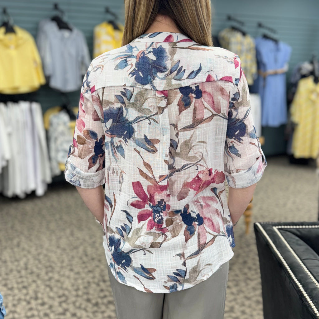 Printed Roll Up Sleeve Cotton Gauze