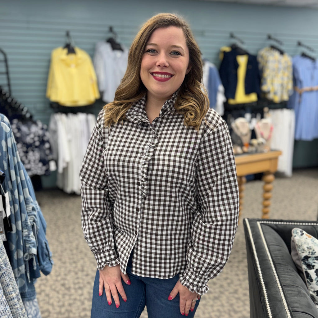 Gingham Check Plaid Ruffled Detail Blouse