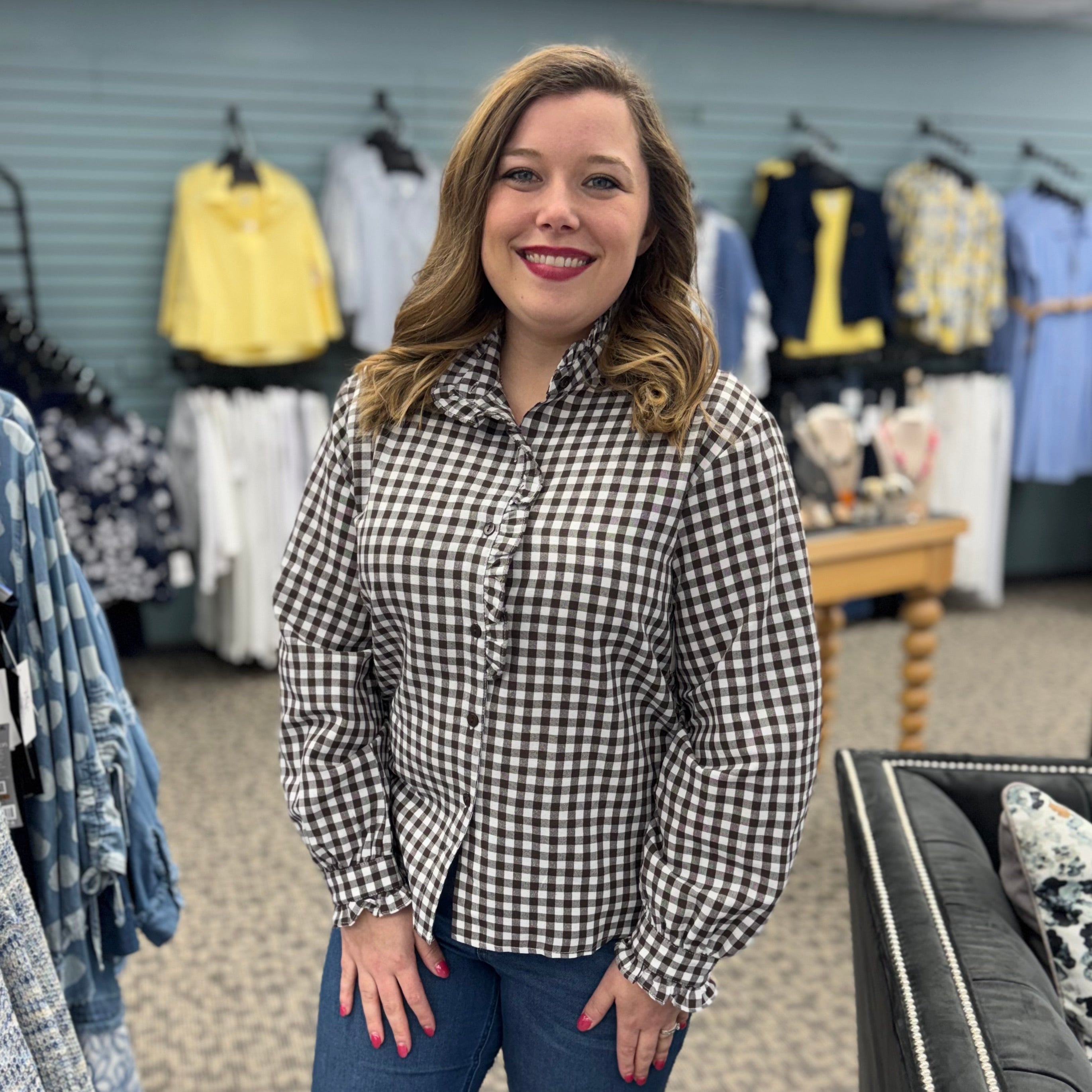 Gingham Check Plaid Ruffled Detail Blouse