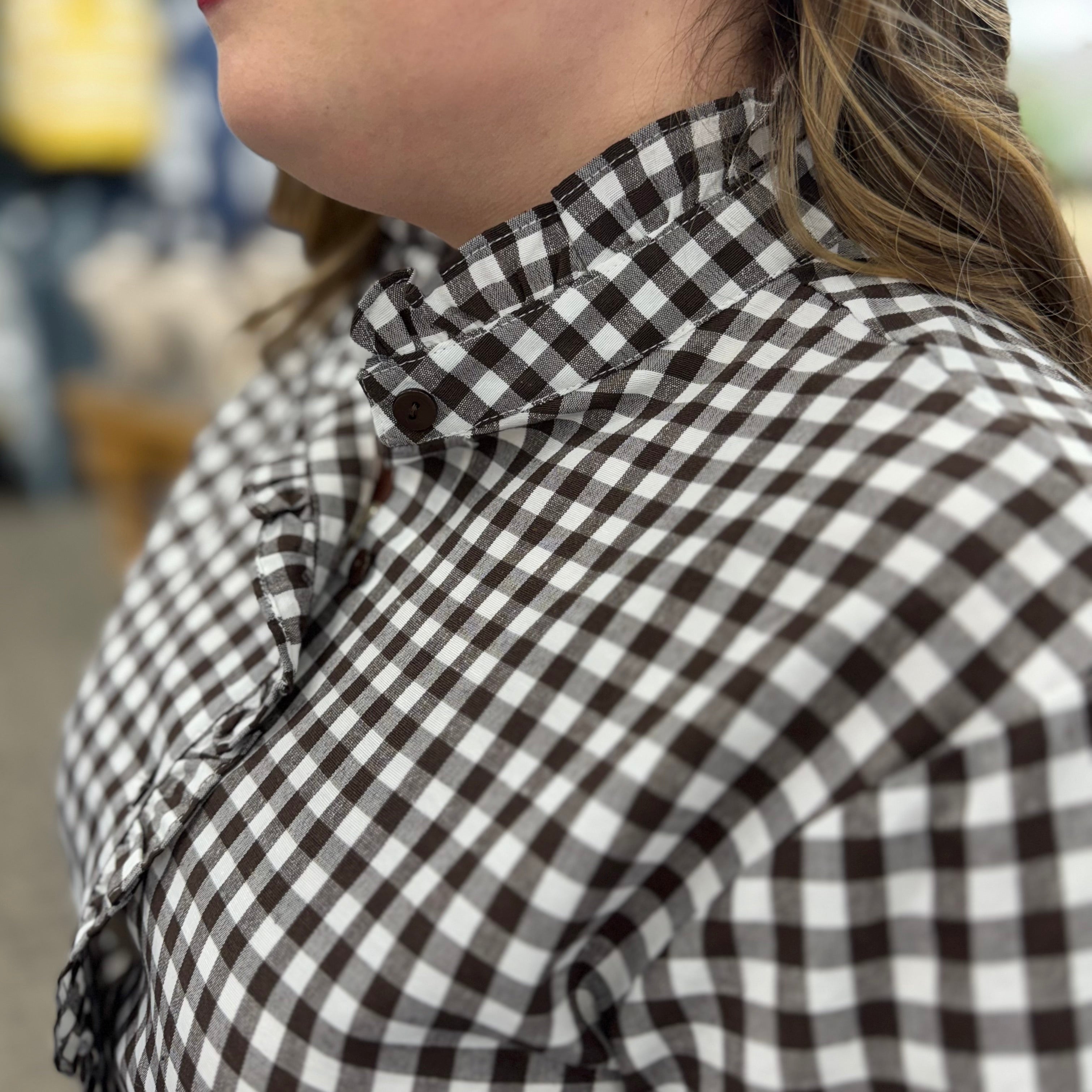 Gingham Check Plaid Ruffled Detail Blouse