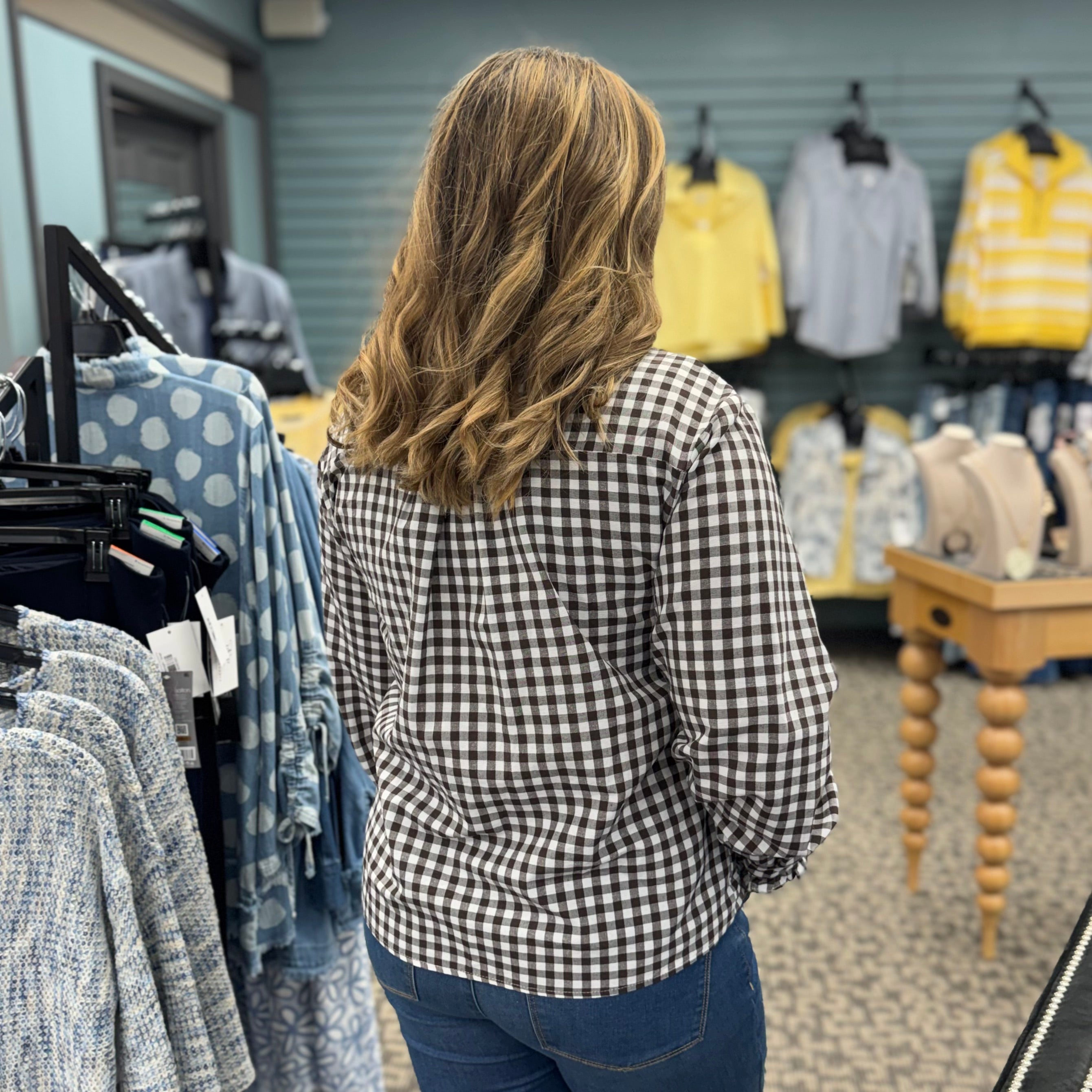 Gingham Check Plaid Ruffled Detail Blouse
