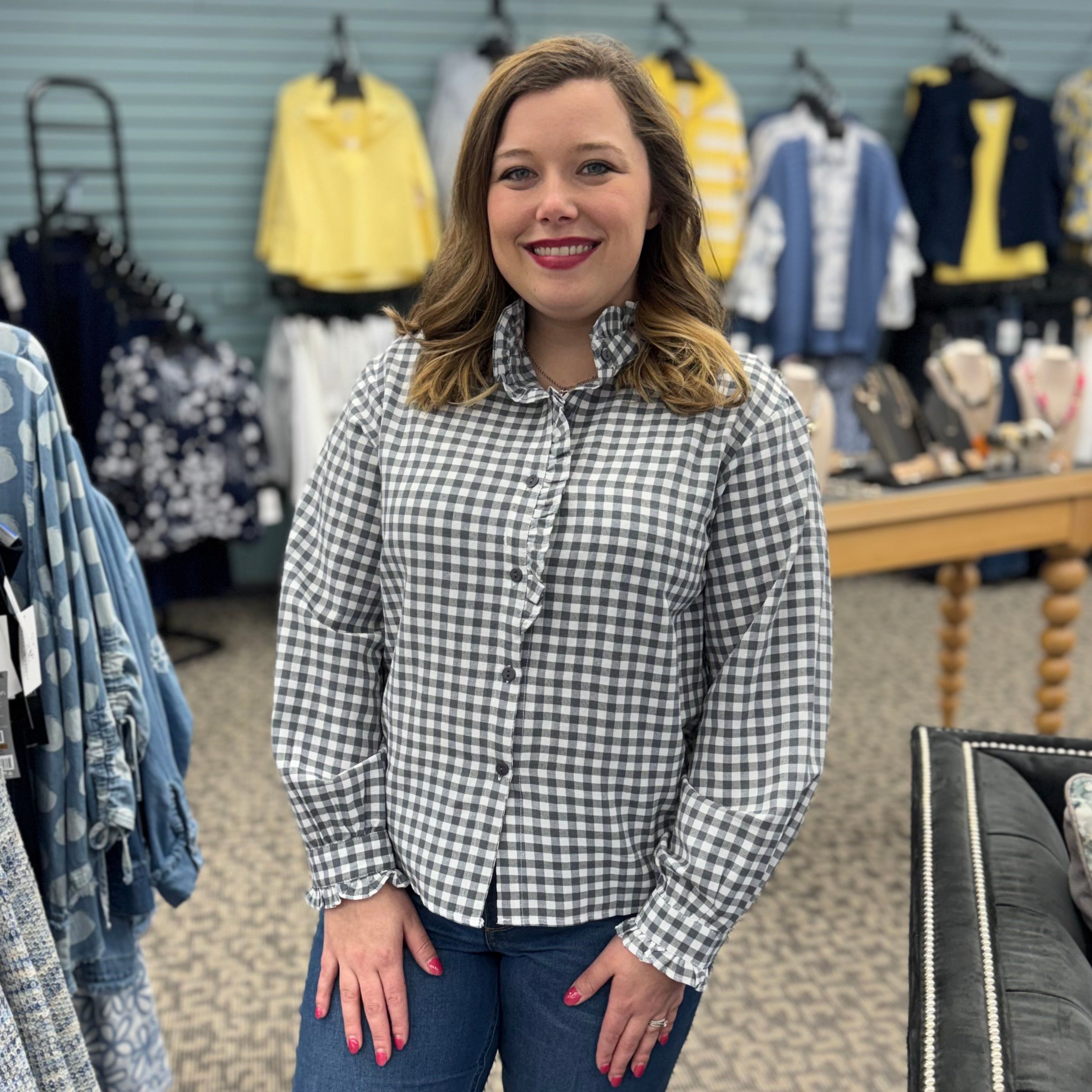 Gingham Check Plaid Ruffled Detail Blouse