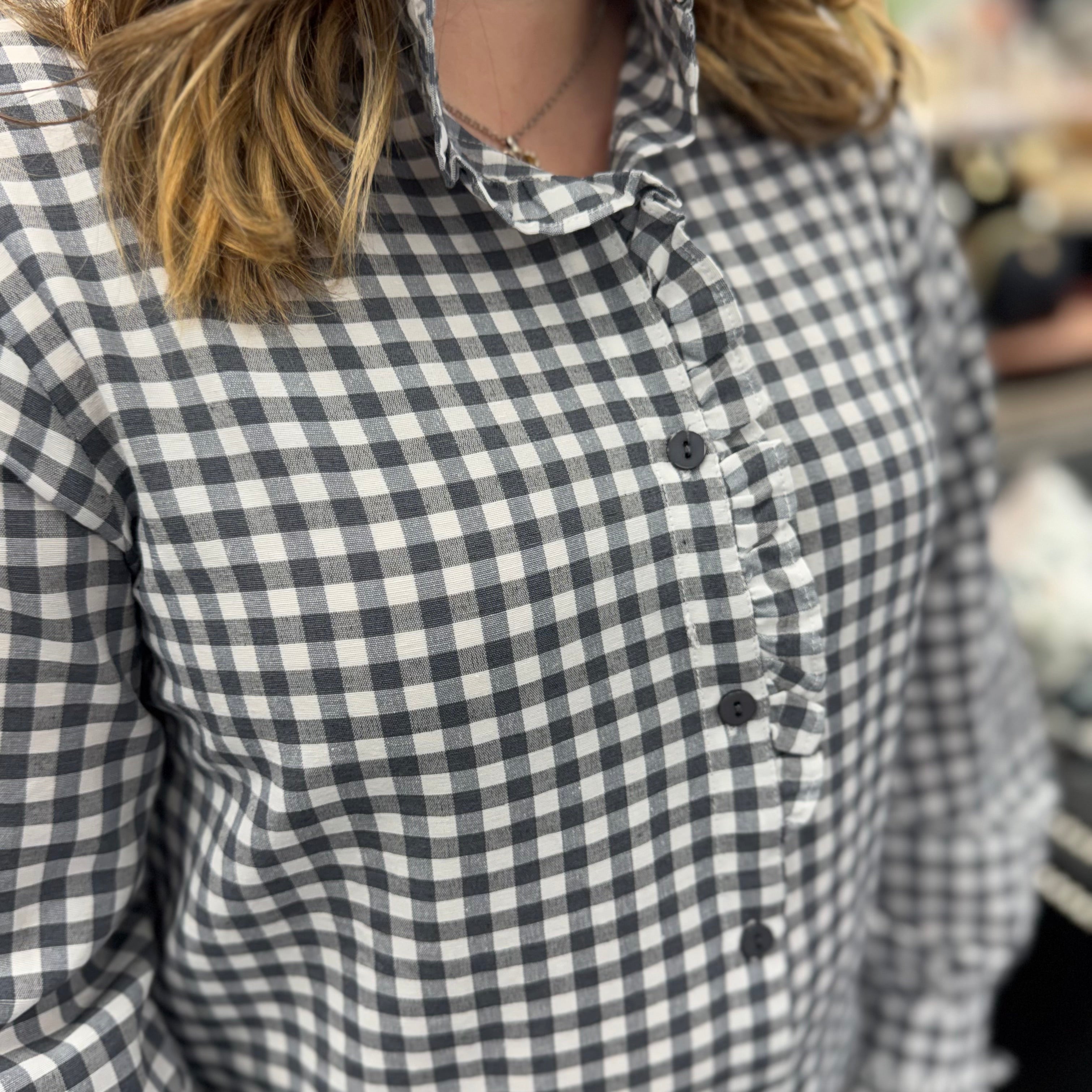 Gingham Check Plaid Ruffled Detail Blouse