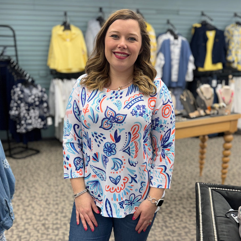 Vibrant Floral Printed 3/4 Sleeve Top