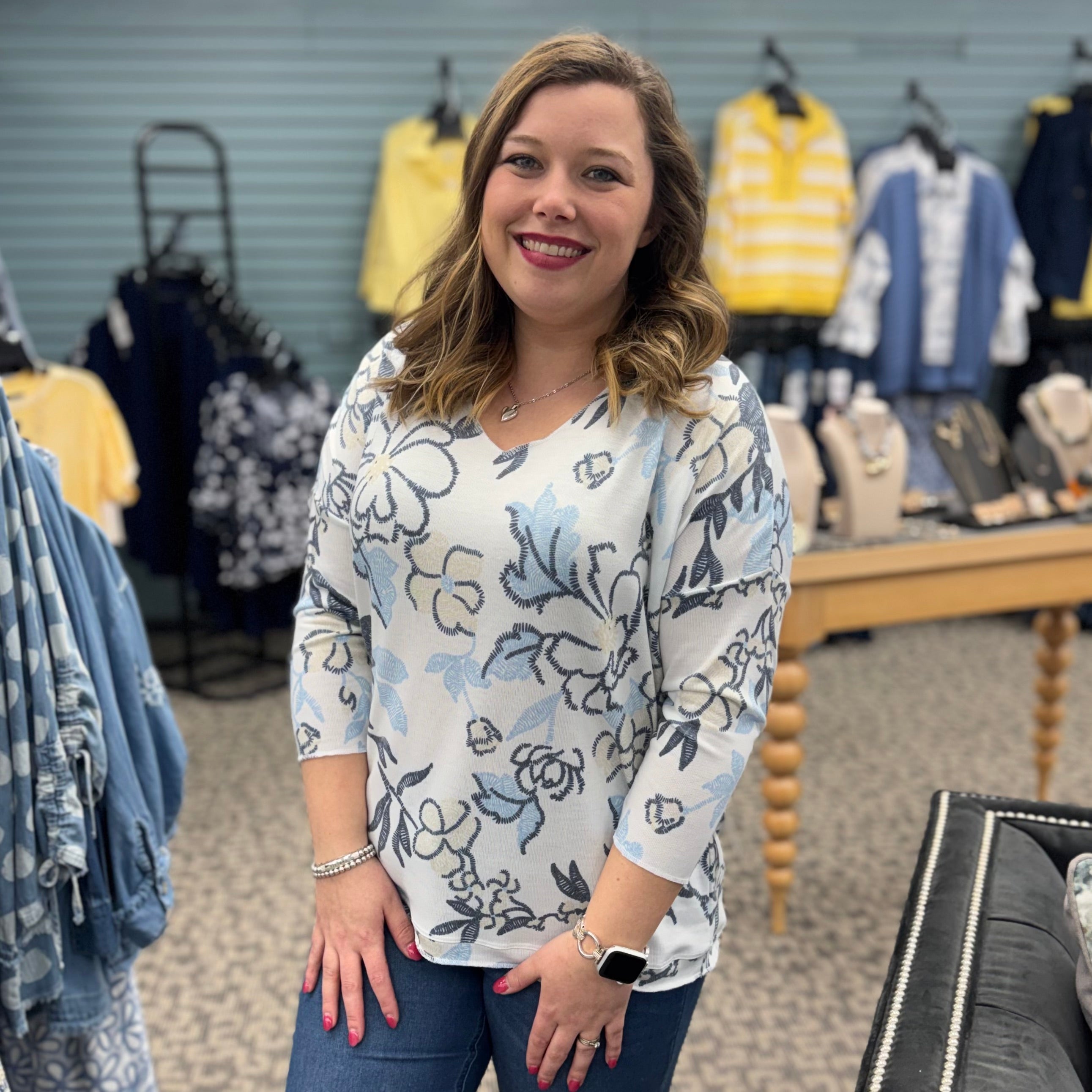 Printed Jersey V-Neck 3/4 Sleeve Top