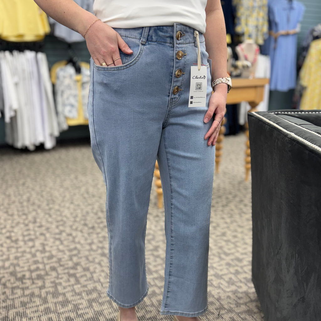 Button Fly Stretch Denim Straight Leg Pants