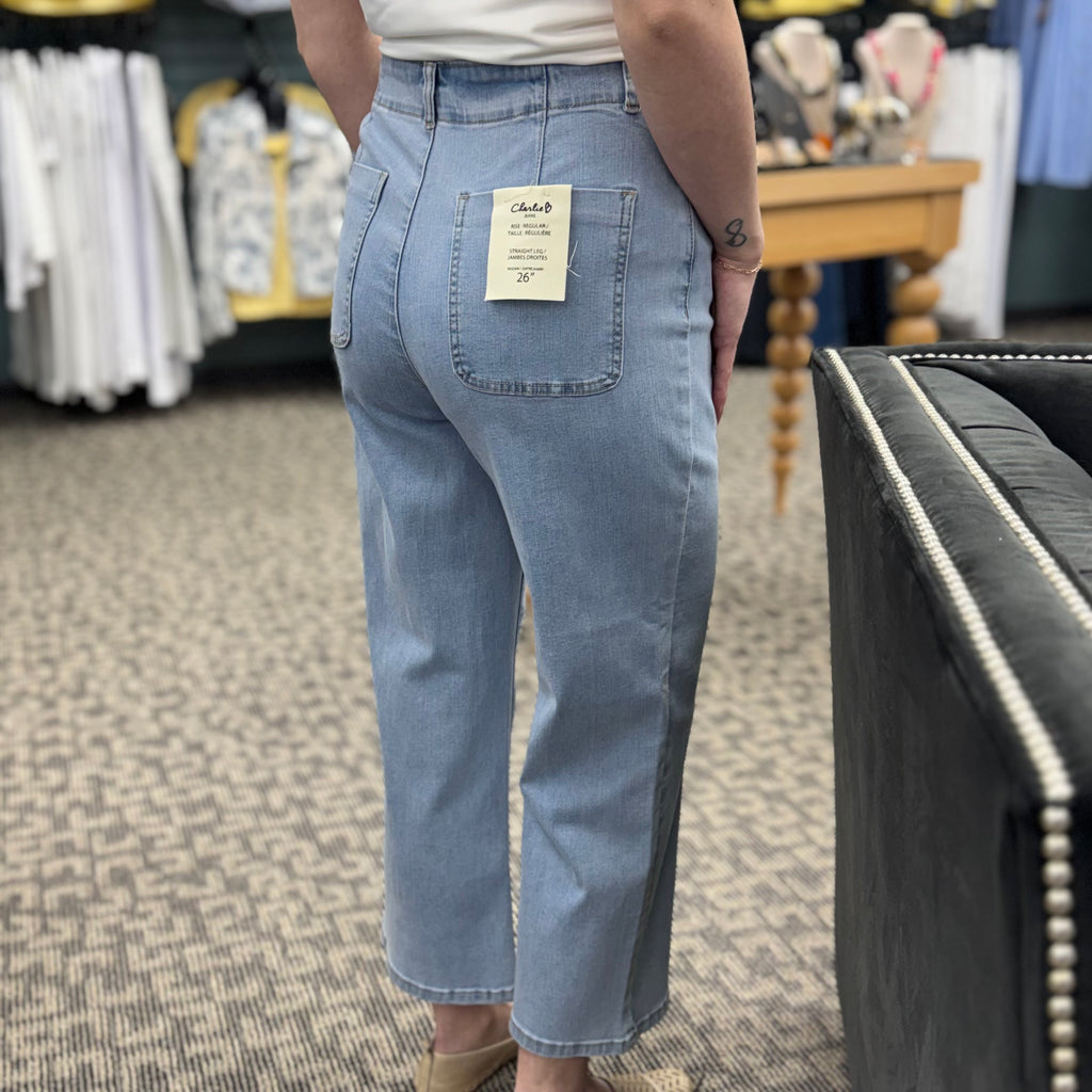 Button Fly Stretch Denim Straight Leg Pants