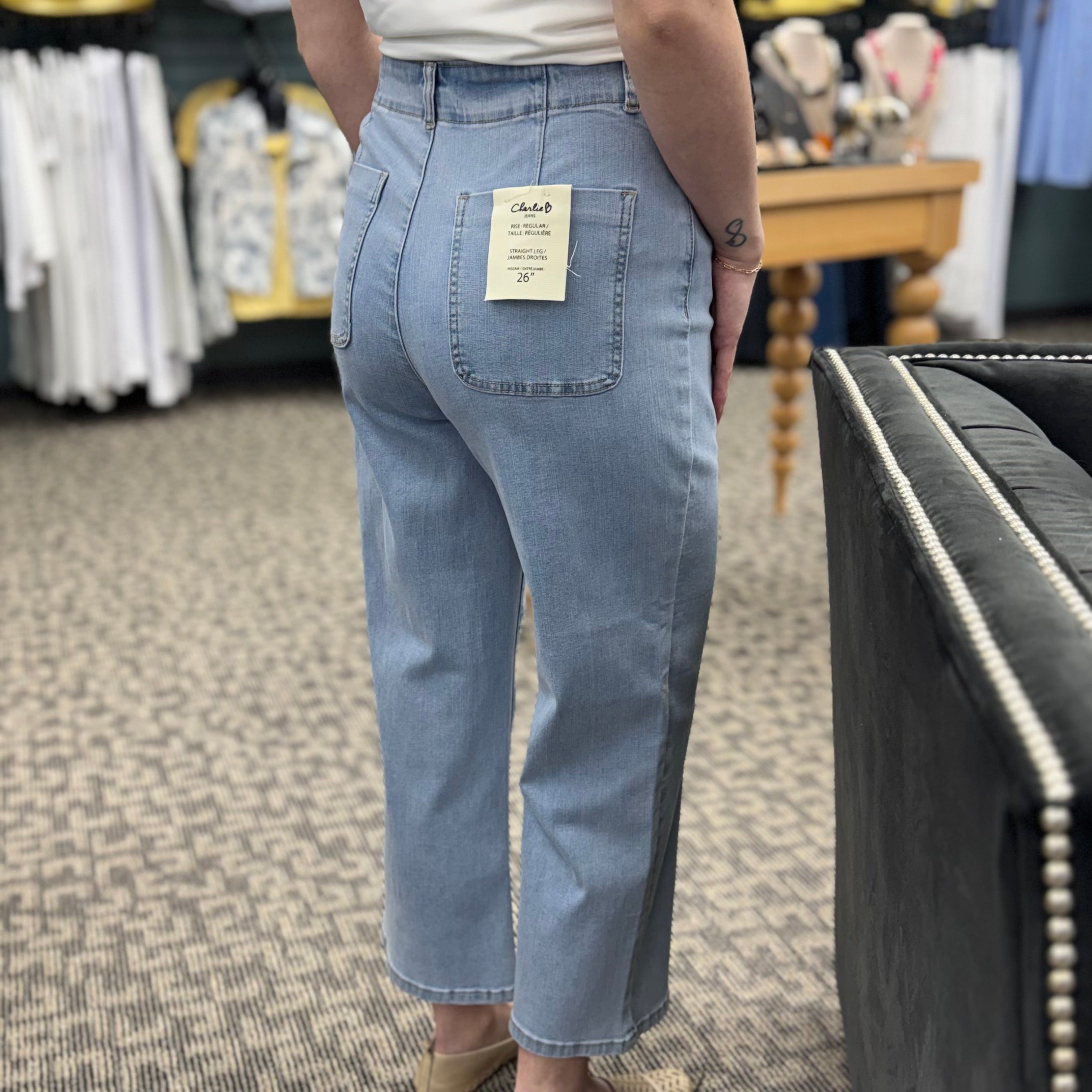 Button Fly Stretch Denim Straight Leg Pants