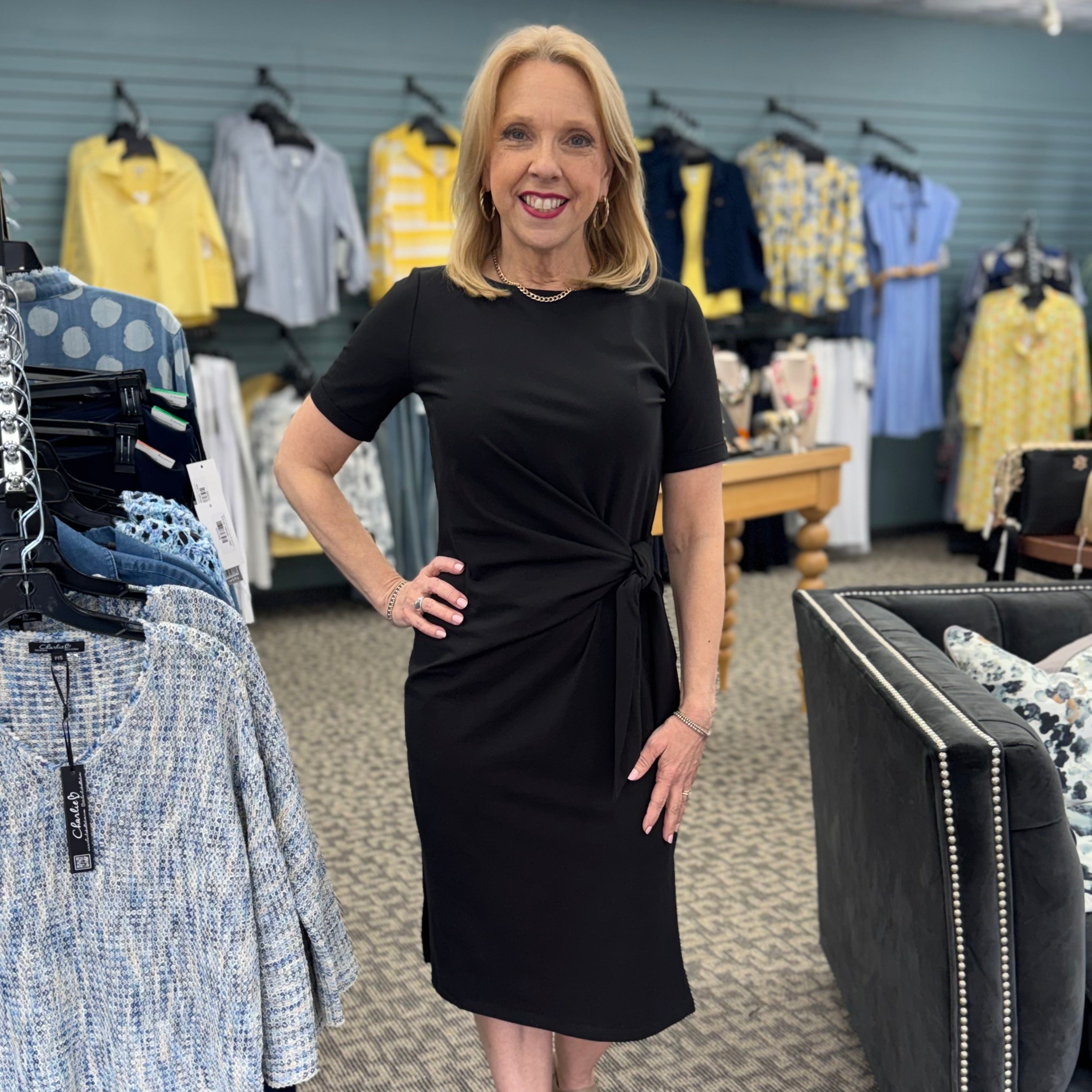 Short Sleeve With Cuff Boat Neck Dress With Tie