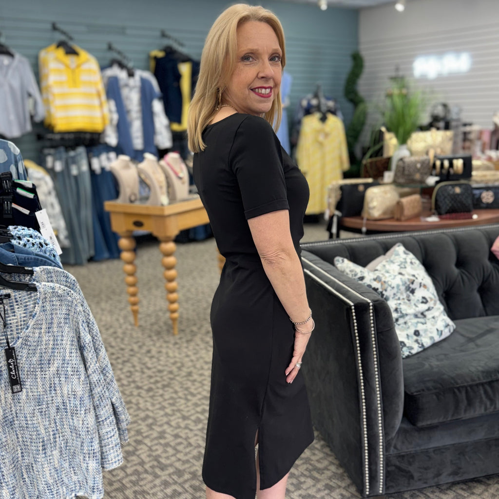 Short Sleeve With Cuff Boat Neck Dress With Tie