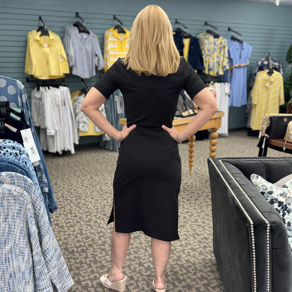 Short Sleeve With Cuff Boat Neck Dress With Tie