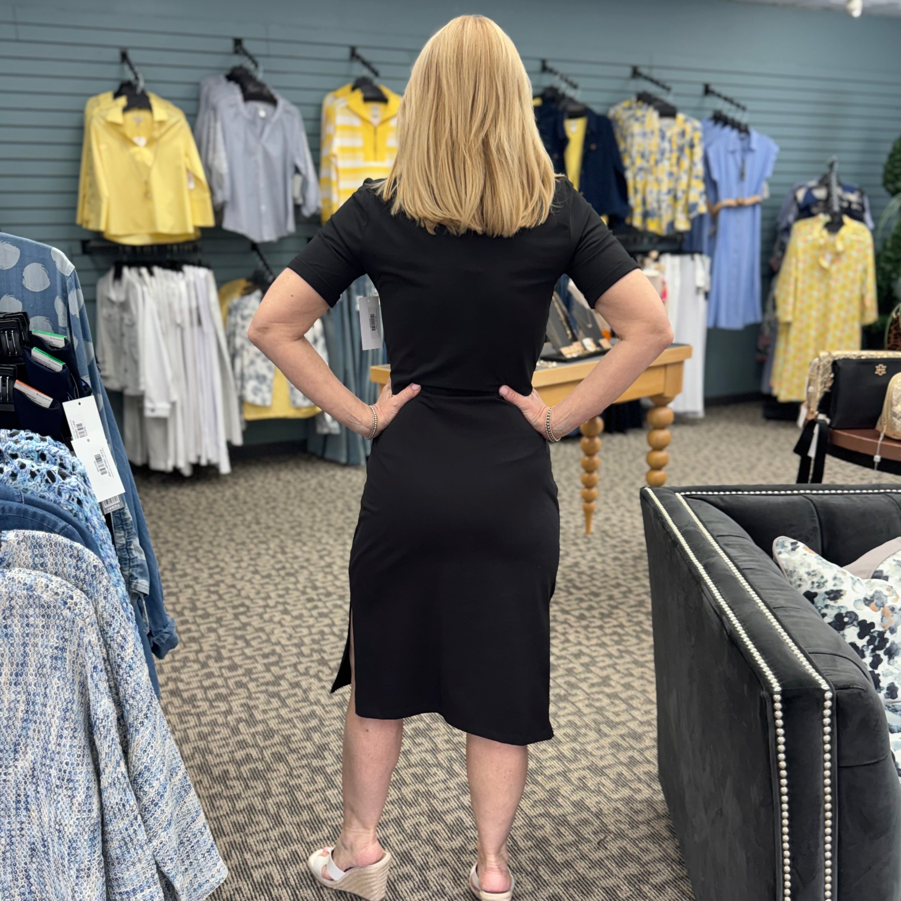 Short Sleeve With Cuff Boat Neck Dress With Tie