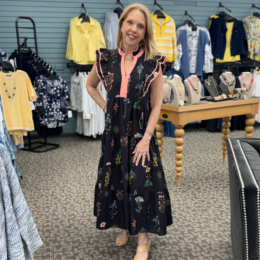 Mix Floral Tiered Ruffle Midi Dress