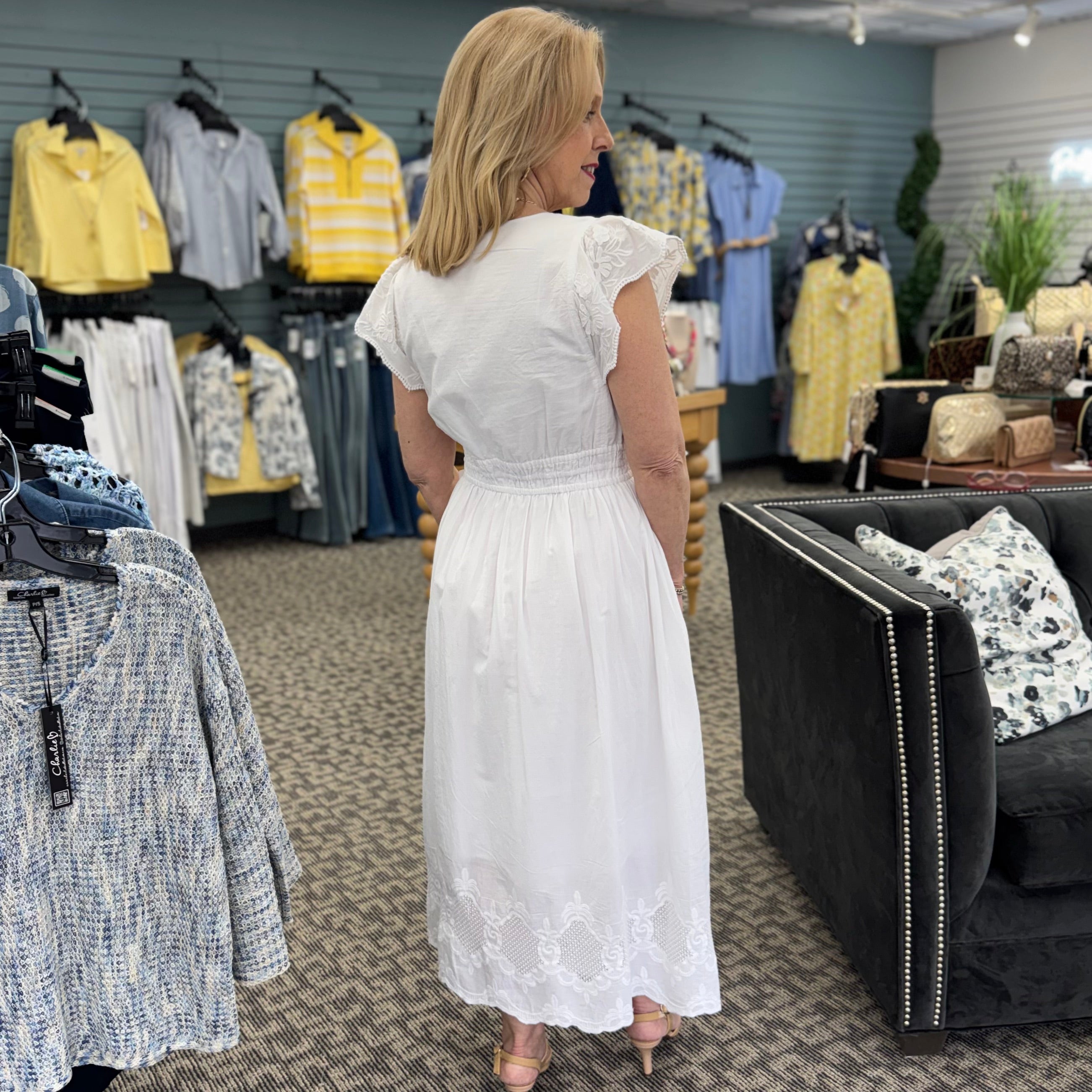 V-Neck Elastic Waist Dress With Ruffle Cap Sleeve