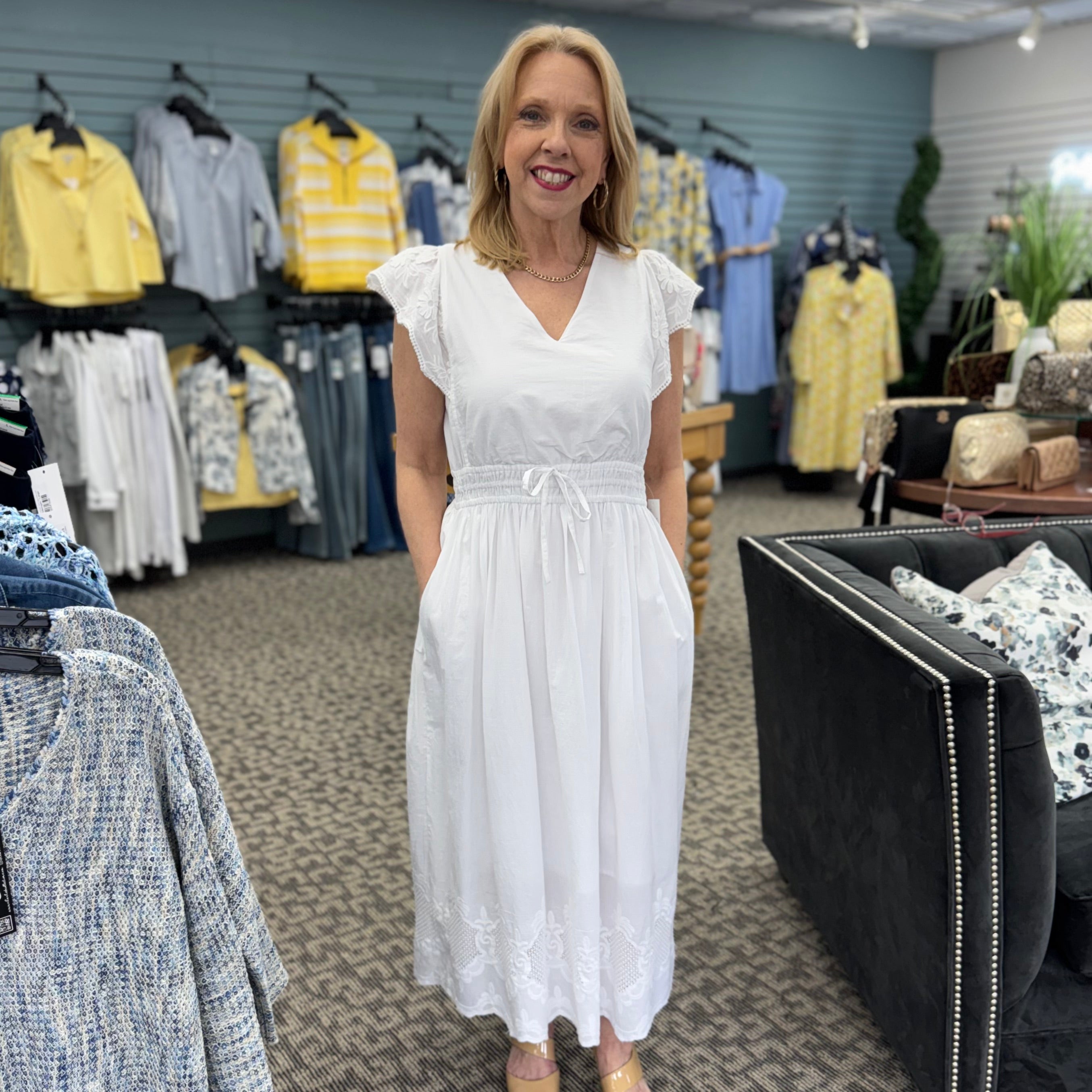 V-Neck Elastic Waist Dress With Ruffle Cap Sleeve