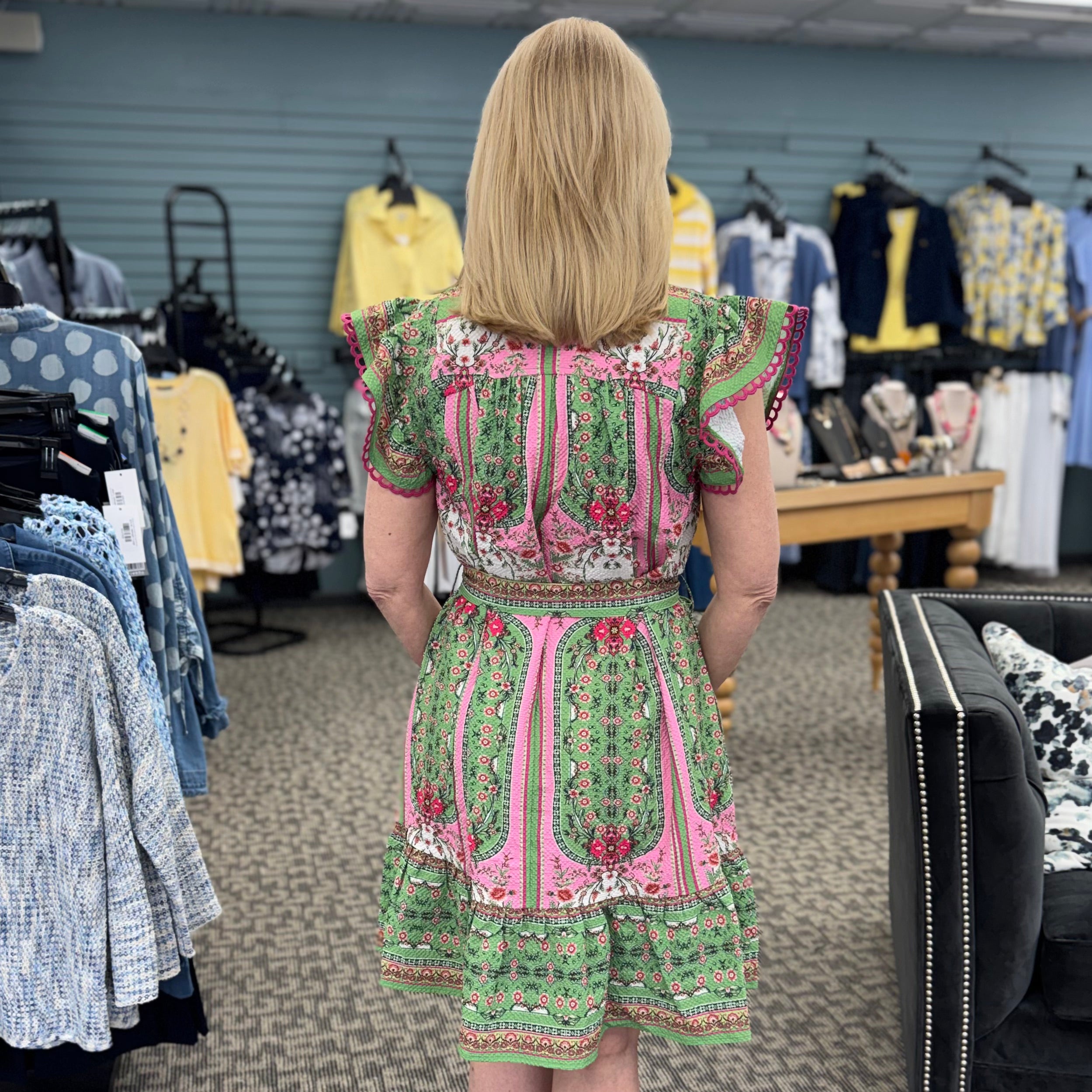 Mixed Print Ruffle Sleeve Dress