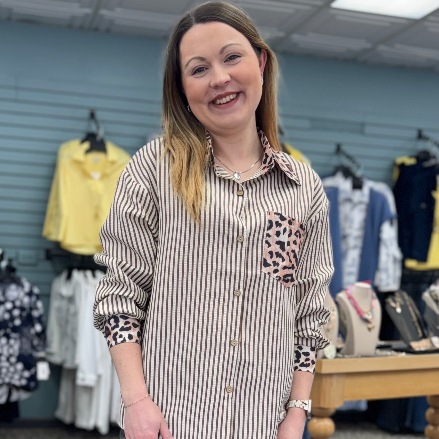 Chic Style Leopard & Striped Patchwork Shirt