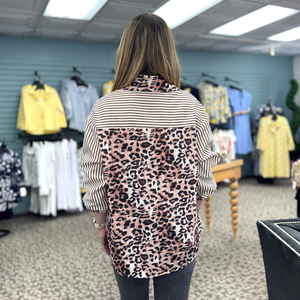 Chic Style Leopard & Striped Patchwork Shirt