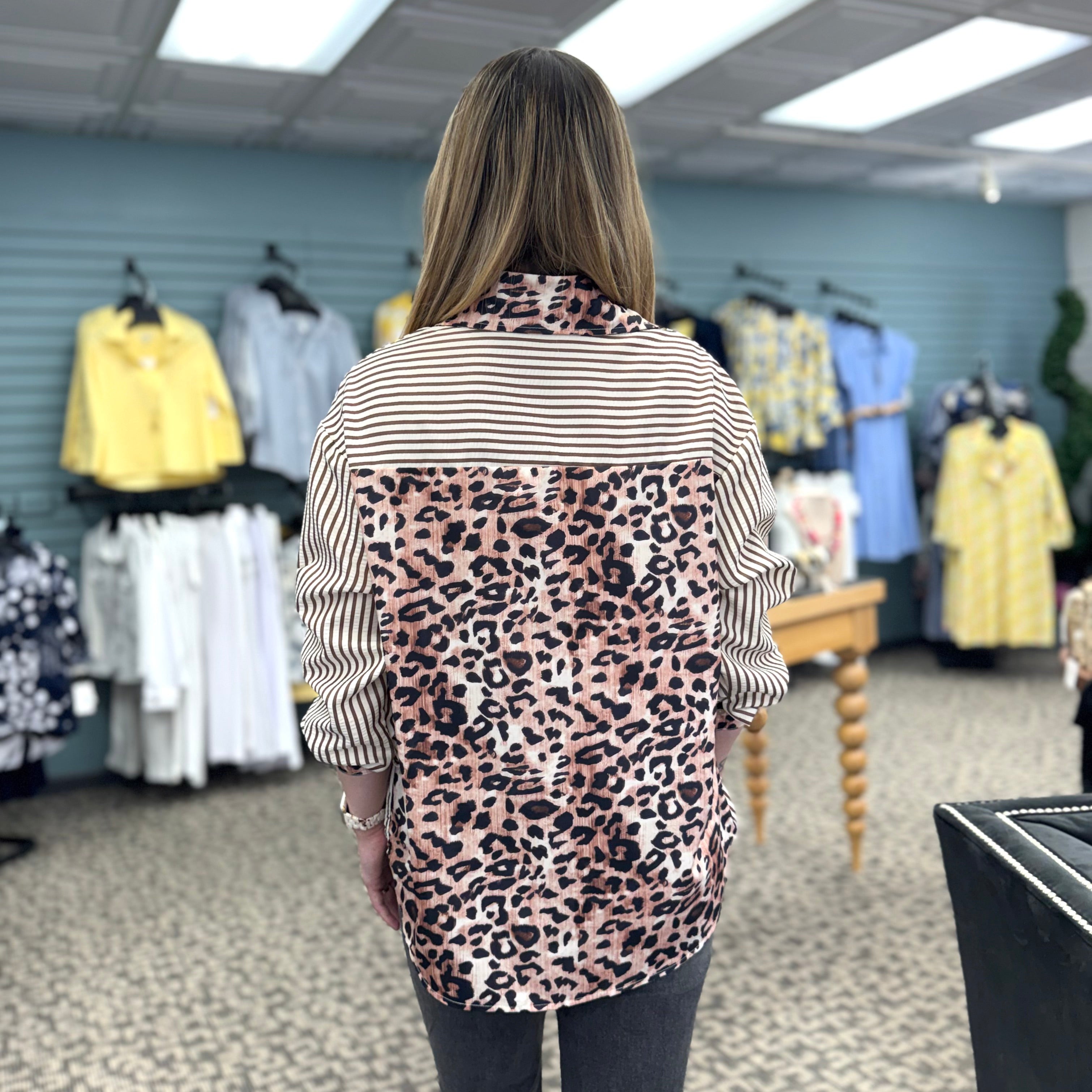 Chic Style Leopard & Striped Patchwork Shirt