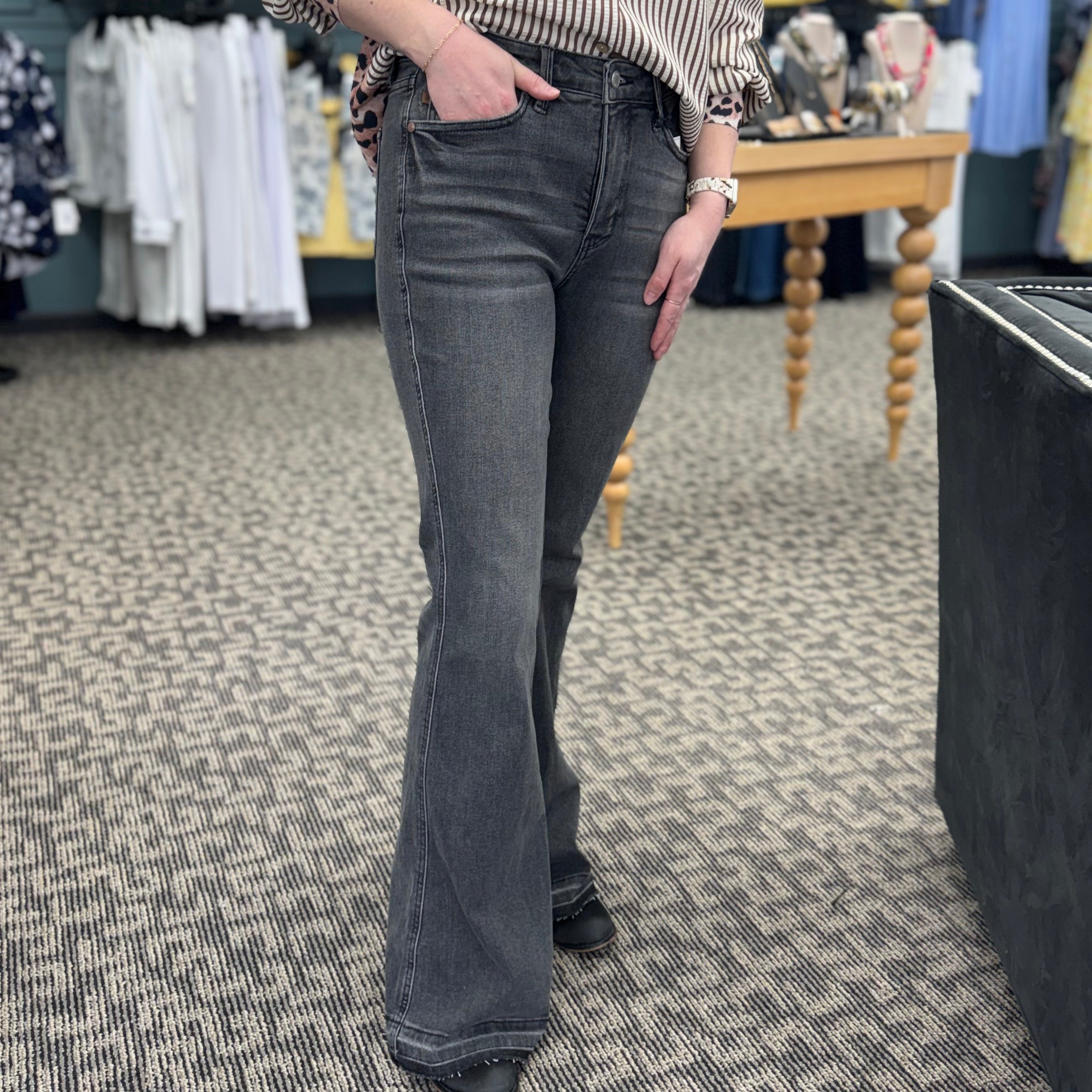 Tummy Control Washed Gray Release Hem Flare