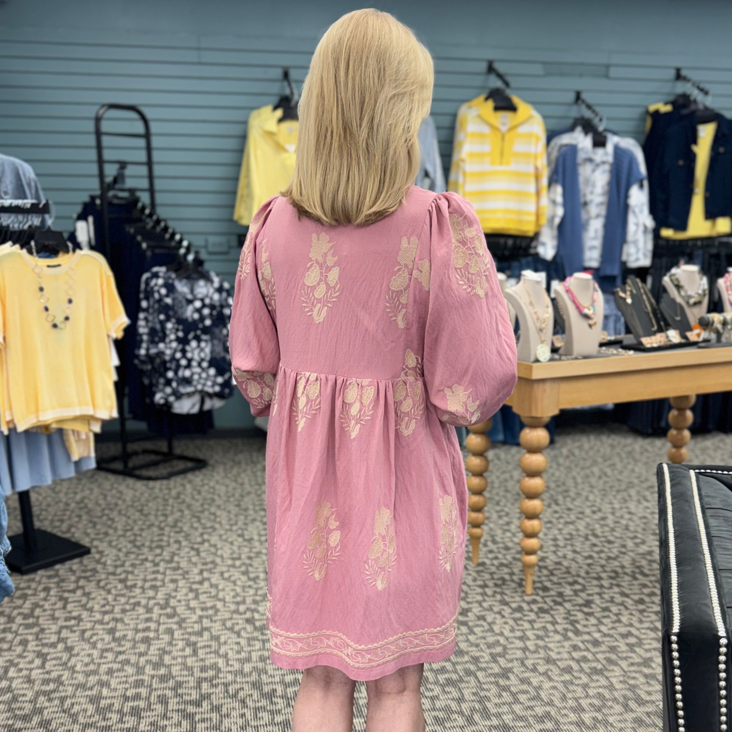 Embroidered Long Puff Sleeve Mini Dress