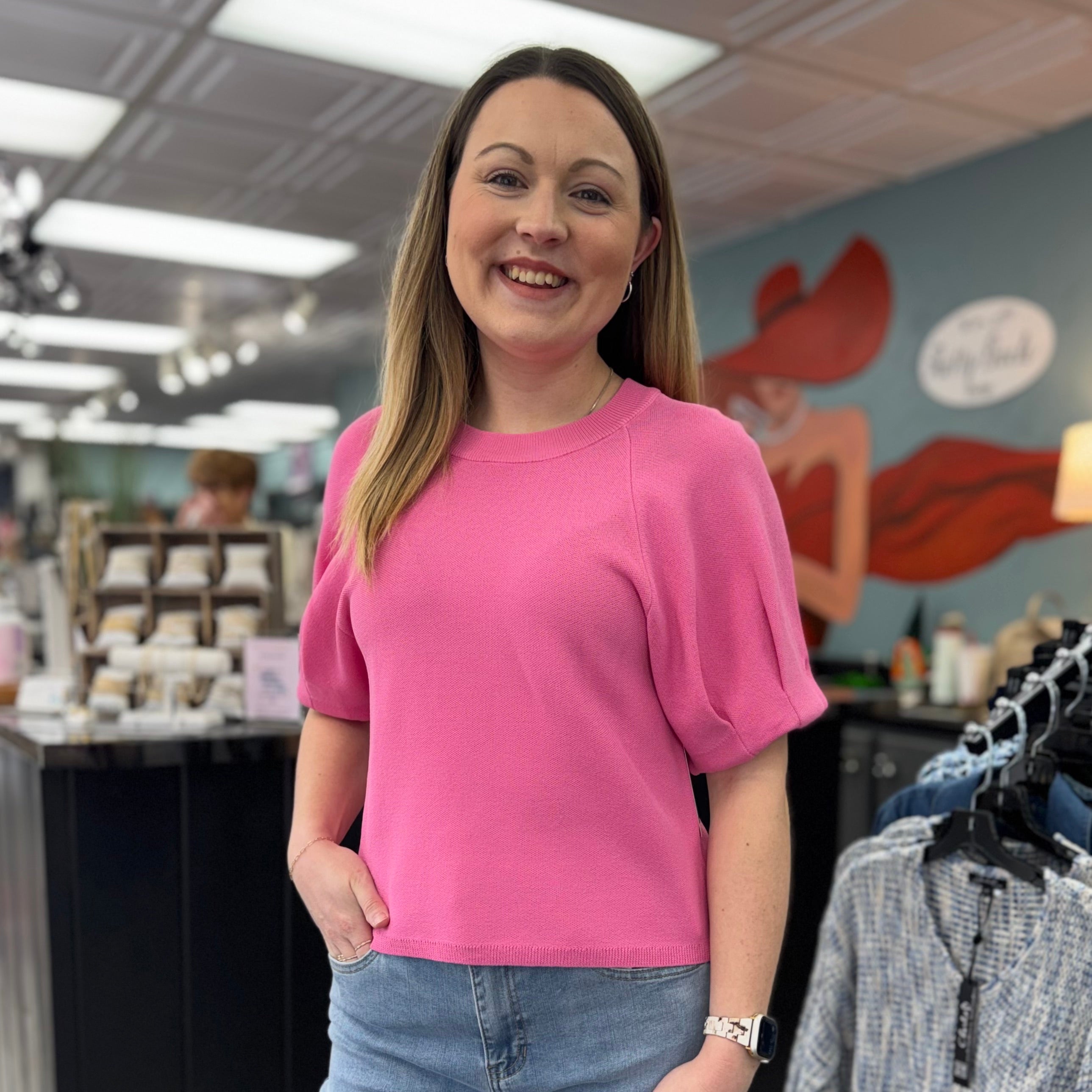 Solid Short Puff Sleeve Knit Top